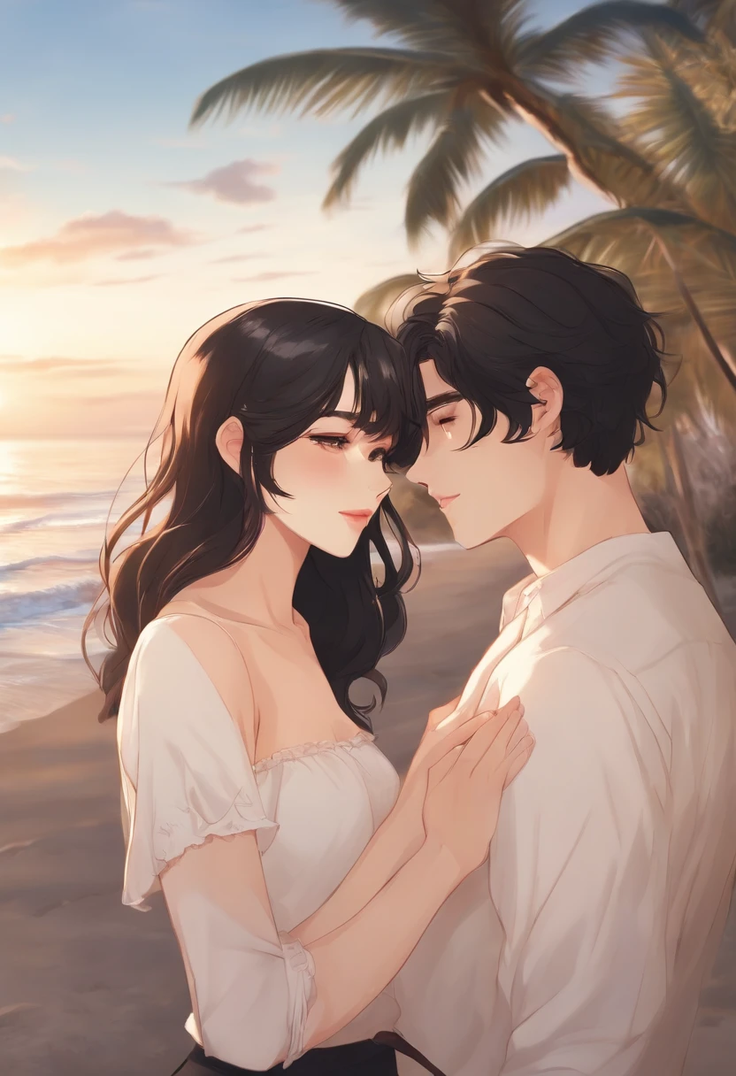 her bf and she are kissing on the beach, she has short black hair a little long wavy, tan skin, beautiful face, 15 years old girl. her bf has handsome face, look hot, white skin anime version, black hair