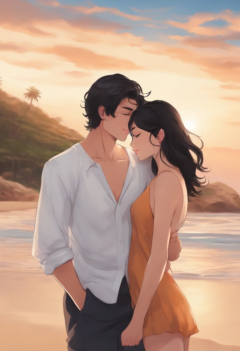 her bf and she are kissing on the beach, she has short black hair a little long wavy, tan skin, beautiful face, girl. her bf has handsome face, look hot, white skin anime version, black hair