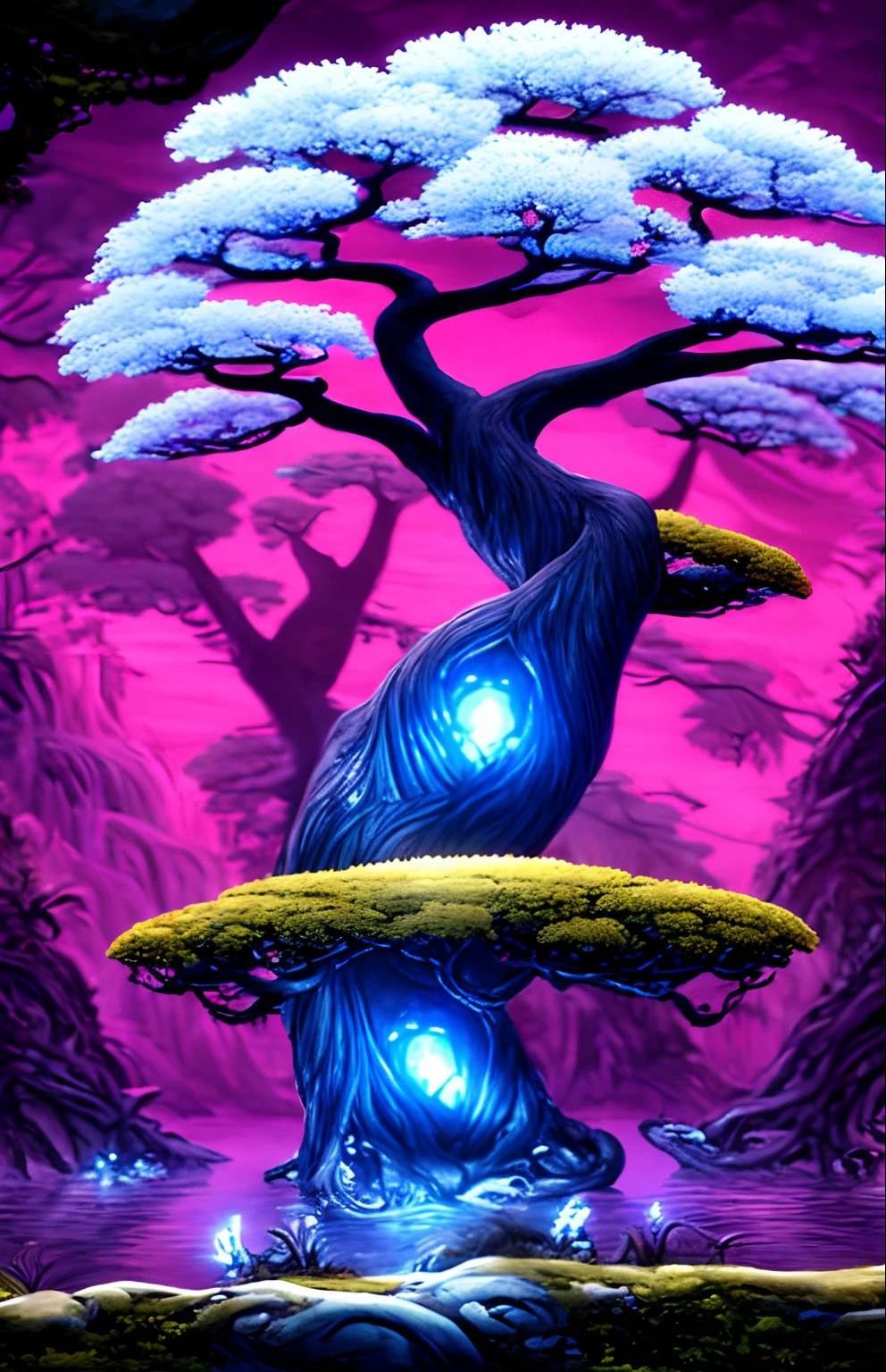 There is a large tree that is standing in the water, baobab tree, baobab tree, beautiful ancient trees, a tall tree, breath-taking beautiful trees, breath - taking beautiful trees, with a tall tree, tall tree, huge ancient trees, a beautiful tree, ancient tree, trees growing on your body, Arquitetura arborescente, weird alien trees