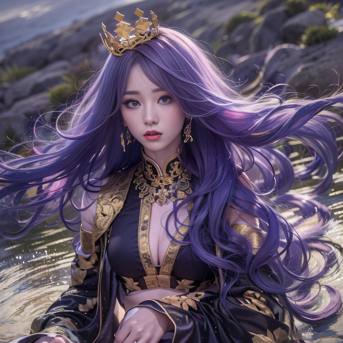 32K(tmasterpiece,k hd,hyper HD,32K)Long flowing bright purple hair,Autumn Pond,zydink, a color, Asian people (Silly girl), (Silk scarf), Combat posture, looking at the ground, long whitr hair, Floating bright purple, Fire cloud pattern gold tiara, Chinese long-sleeved gold silk garment, (abstract ink splash:1.2), white backgrounid,Lotus protector(realisticlying:1.4),Bright purple hair,Smoke on the road,The background is pure, A high resolution, the detail, RAW photogr, Sharp Re, Nikon D850 Film Stock Photo by Jefferies Lee 4 Kodak Portra 400 Camera F1.6 shots, Rich colors, ultra-realistic vivid textures, Dramatic lighting, Unreal Engine Art Station Trend, cinestir 800,Long flowing bright purple hair