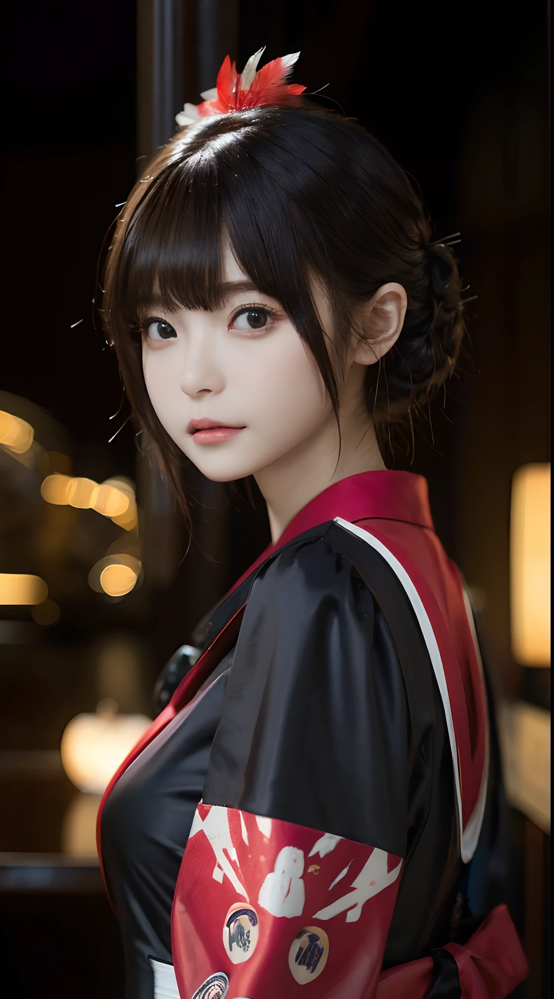masterpiece, 1 beautiful Japan woman, A detailed eye, Swollen eyes, top-quality, 超A high resolution, 电影灯光, japanes, Beautiful skins, A slender, (A hyper-realistic), (hight resolution), (8K), (ultra-detailliert), 详细的脸, Bright lighting, Professional lighting、Facing straight ahead、The background is the cityscape of London、The background is blurry、short-hair、hair color is brown、The costume is black Gothic ta、Black feathers、A bright red apple is floating in the air、The composition is above the waist、