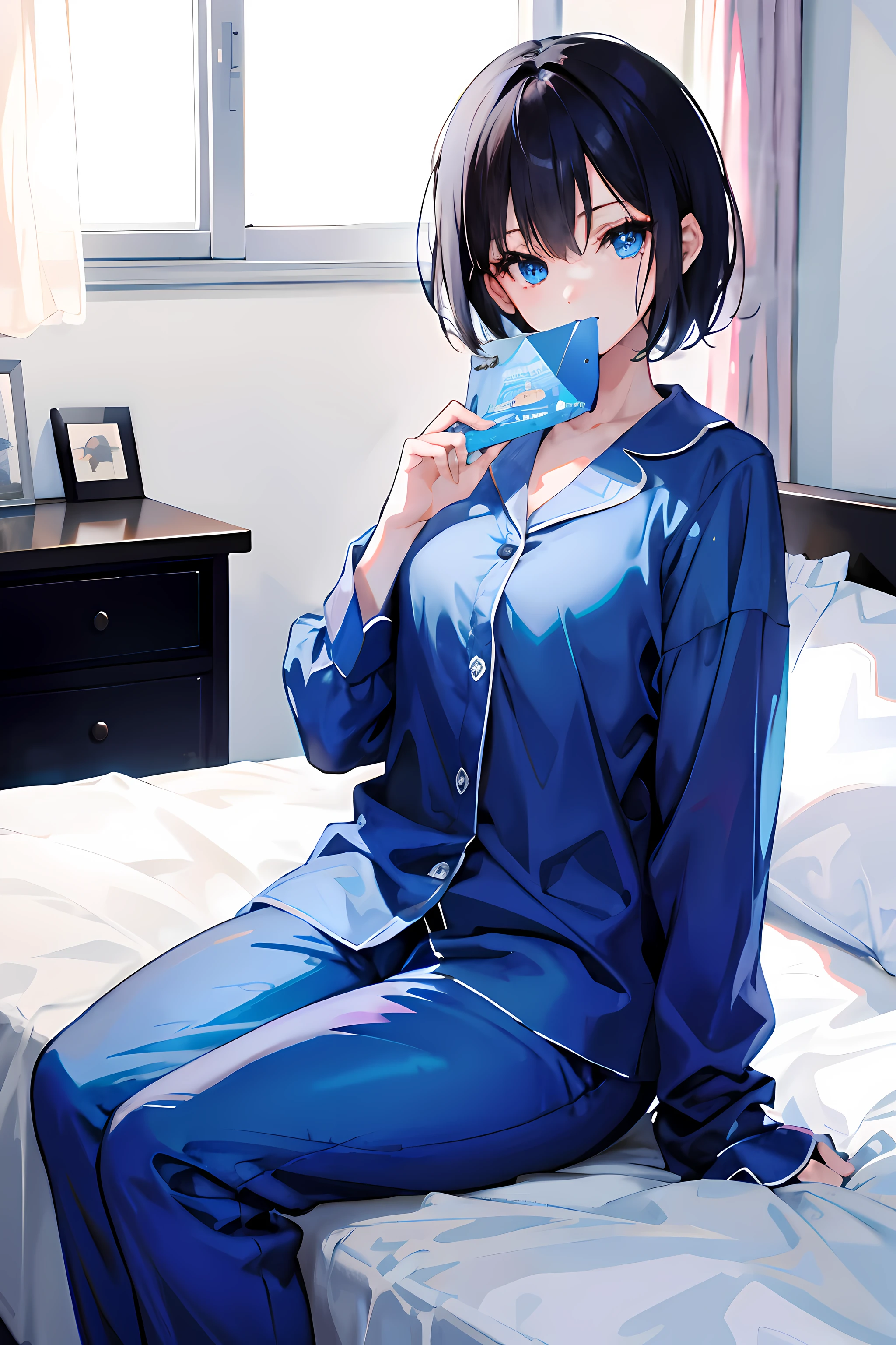 1girl, short black hair, blue eyes, wearing pajamas, bedroom, absurdres, high res, ultrasharp, 8K, masterpiece, looking at viewer, seat on bed