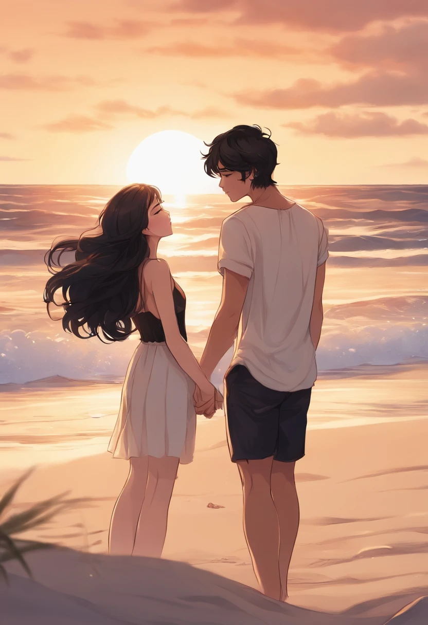her bf and she are kissing on the beach, she has short black hair a little long wavy, tan skin, beautiful face, girl. her bf has handsome face, look hot, white skin anime version, black hair
