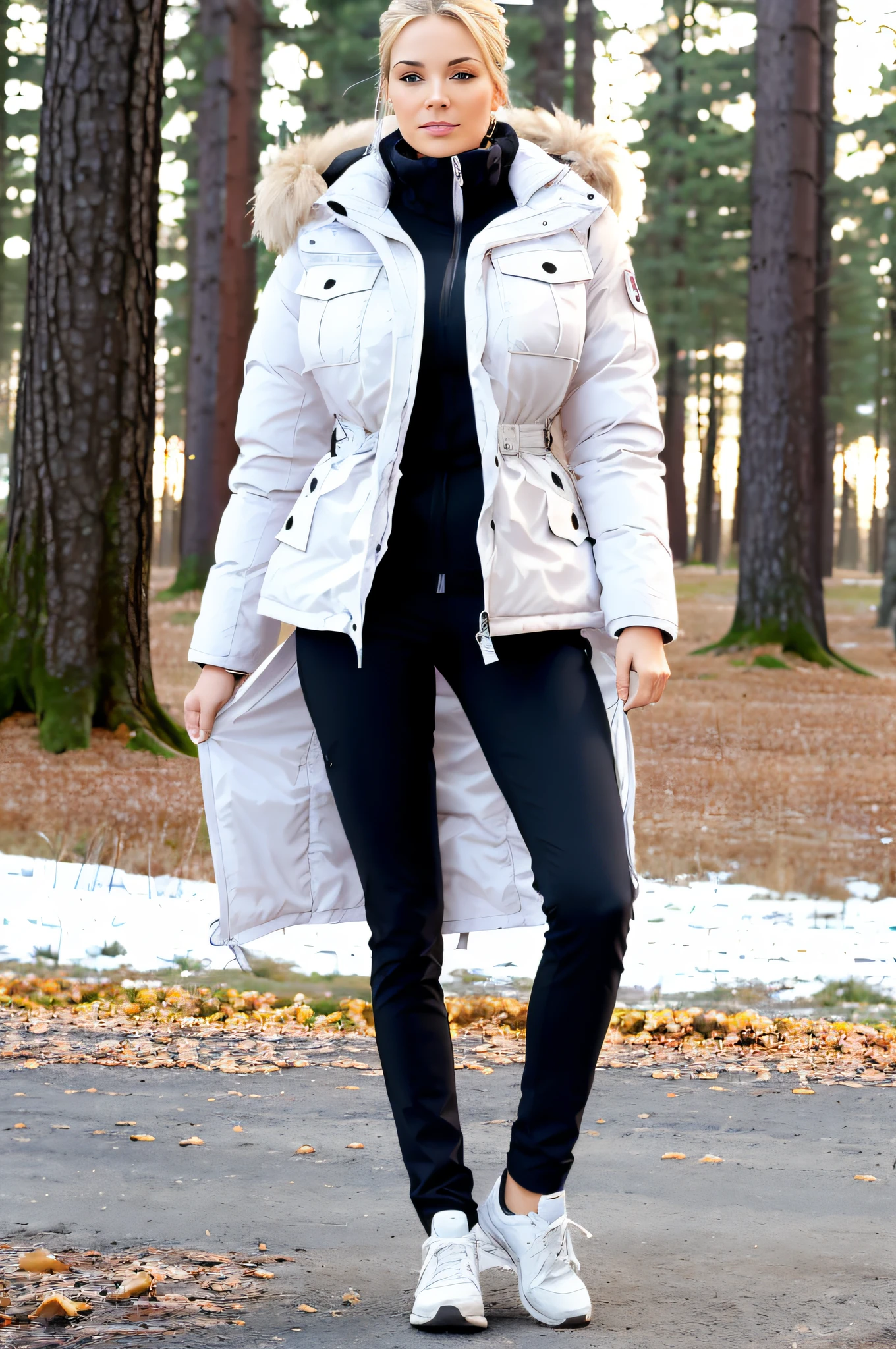 Make a woman with big breast, Pink long winterjacket , with open zipper, with face, body, Forrest, travel bag, black pants, camper, dog