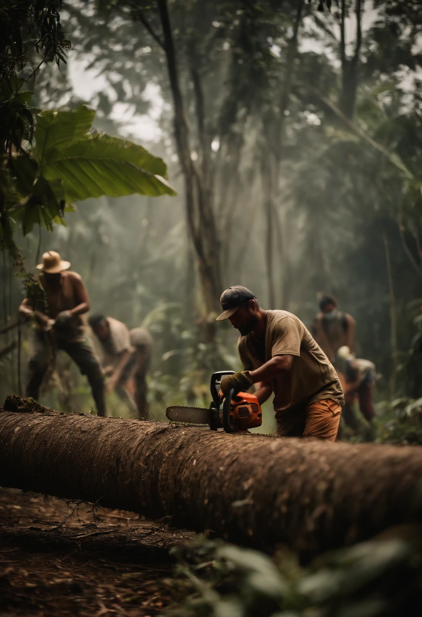 People cutting down chainsaw tree in the Amazon