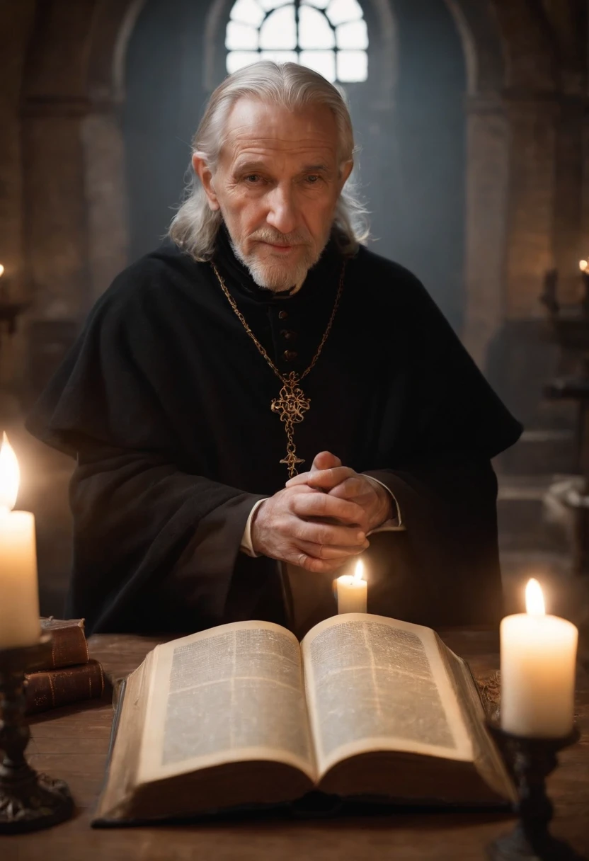 An elderly black-robed magician , A circle of magic books was scattered on the ground, Magic books and candles are placed around, Seven mirrors at different angles directly above, Gloomy picture, visions, Depth of field, god light, filmgrain, Optical illusion, Vignetting, Renaissance, Pre-Raphaelite Brotherhood, High details，Back Shadow