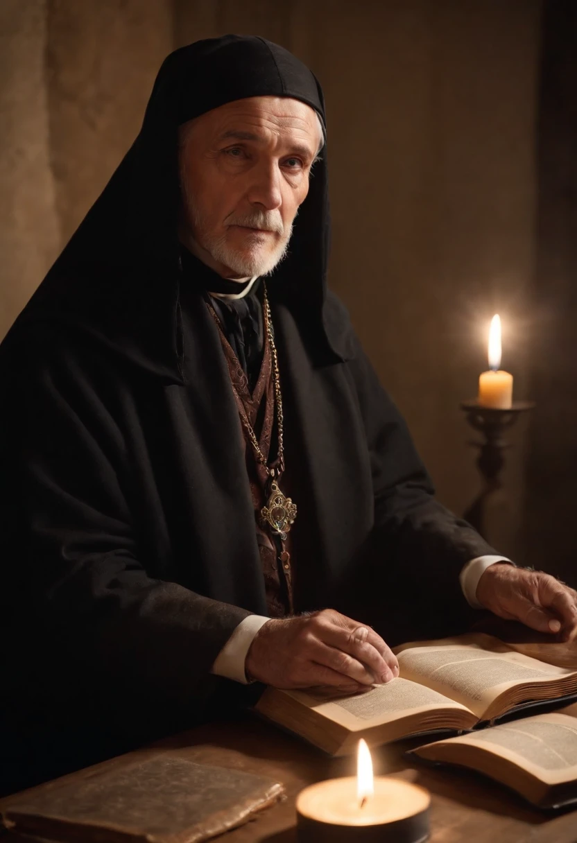 An elderly black-robed magician , A circle of magic books was scattered on the ground, Magic books and candles are placed around, Seven mirrors at different angles directly above, Gloomy picture, visions, Depth of field, god light, filmgrain, Optical illusion, Vignetting, Renaissance, Pre-Raphaelite Brotherhood, High details,Back Shadow