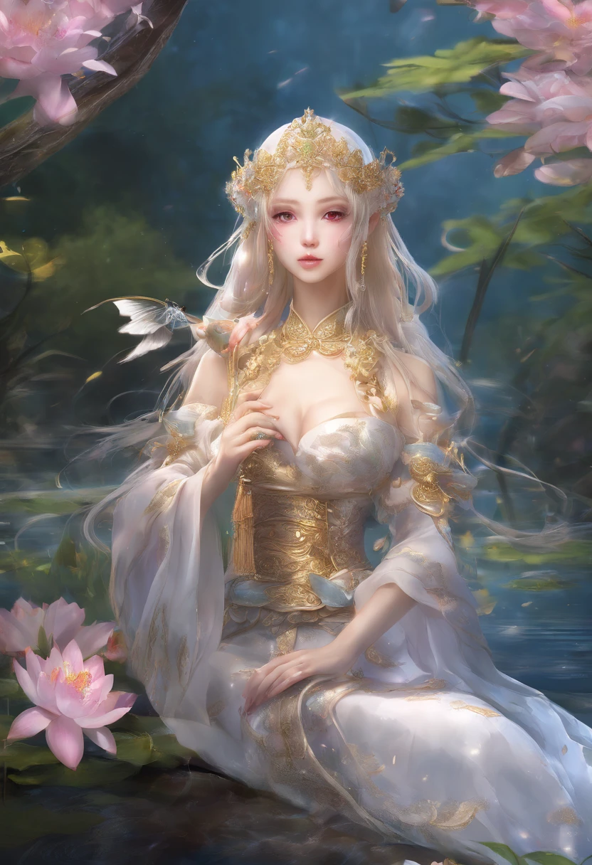 (Best quality,4K,8K,A high resolution,Masterpiece:1.2),Ultra-detailed,(Realistic,Photorealistic,photo-realistic:1.37),anime big breast,Girl sitting on a pond chair,lilies,Palace,A girl dressed in traditional Chinese clothing,gilded lotus princess,Guweiz in Pixiv ArtStation,Anime goddess,Guviz,Fan art in the style of Guvez,beautiful fantasy empress,long-haired blonde anime girl