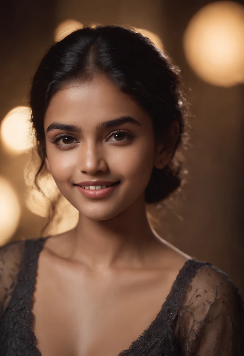 a sri Lankan girl,night scene, close up photo of a sexy naked girl,18 years old, posing, look at a camera and smile, black curly hair, (brown eyes:0.8), cute young face, 18 yo, soft volumetric lights, (backlit:1.3), (cinematic:1.3), intricate details, (ArtStation:1.2)