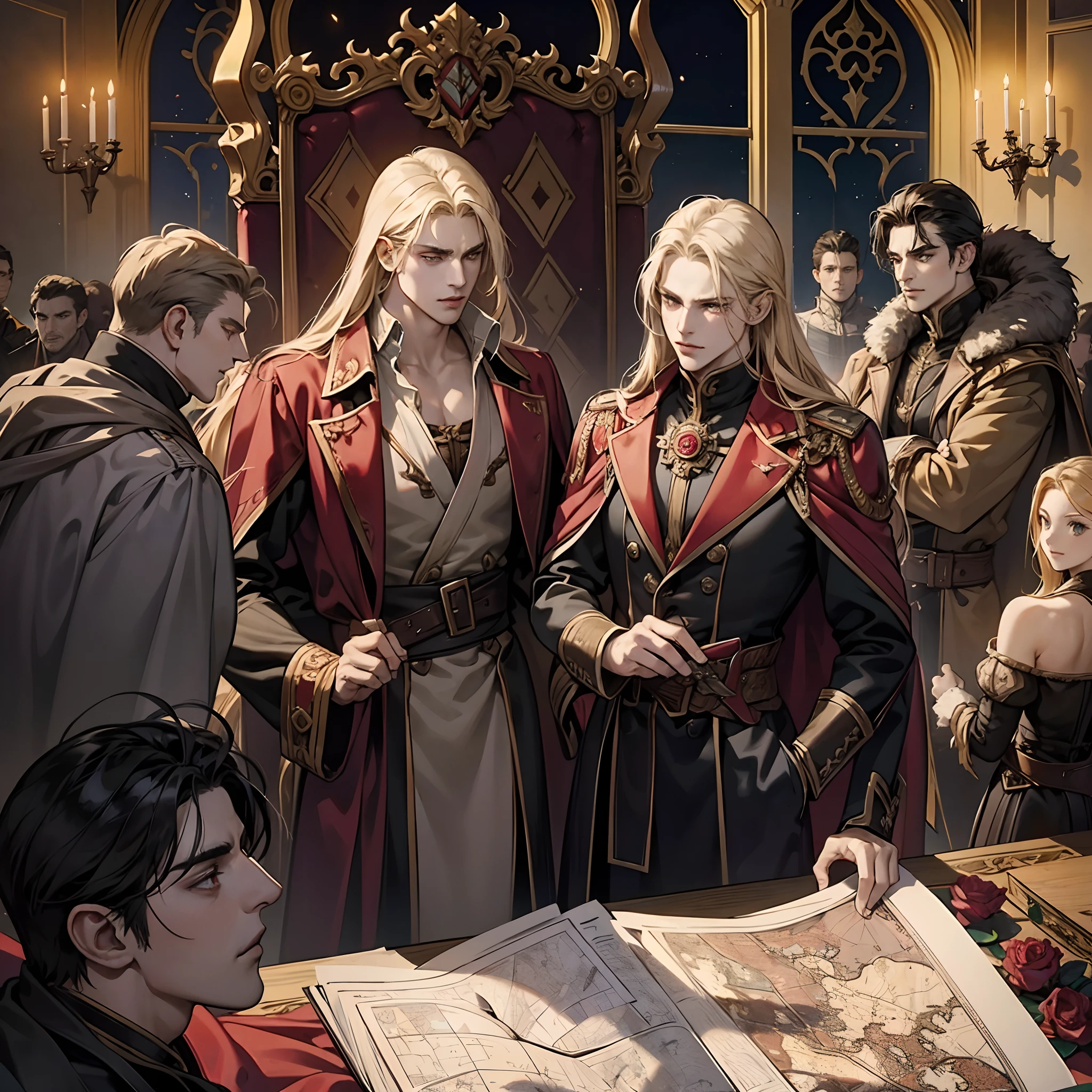 Castlevania Shadow Lord handsome muscular Lord Dracula in the throne room with his soldiers looking into Map of Conquest discussing old cinematic scrolls scenes movie Epic Legendary Perspective