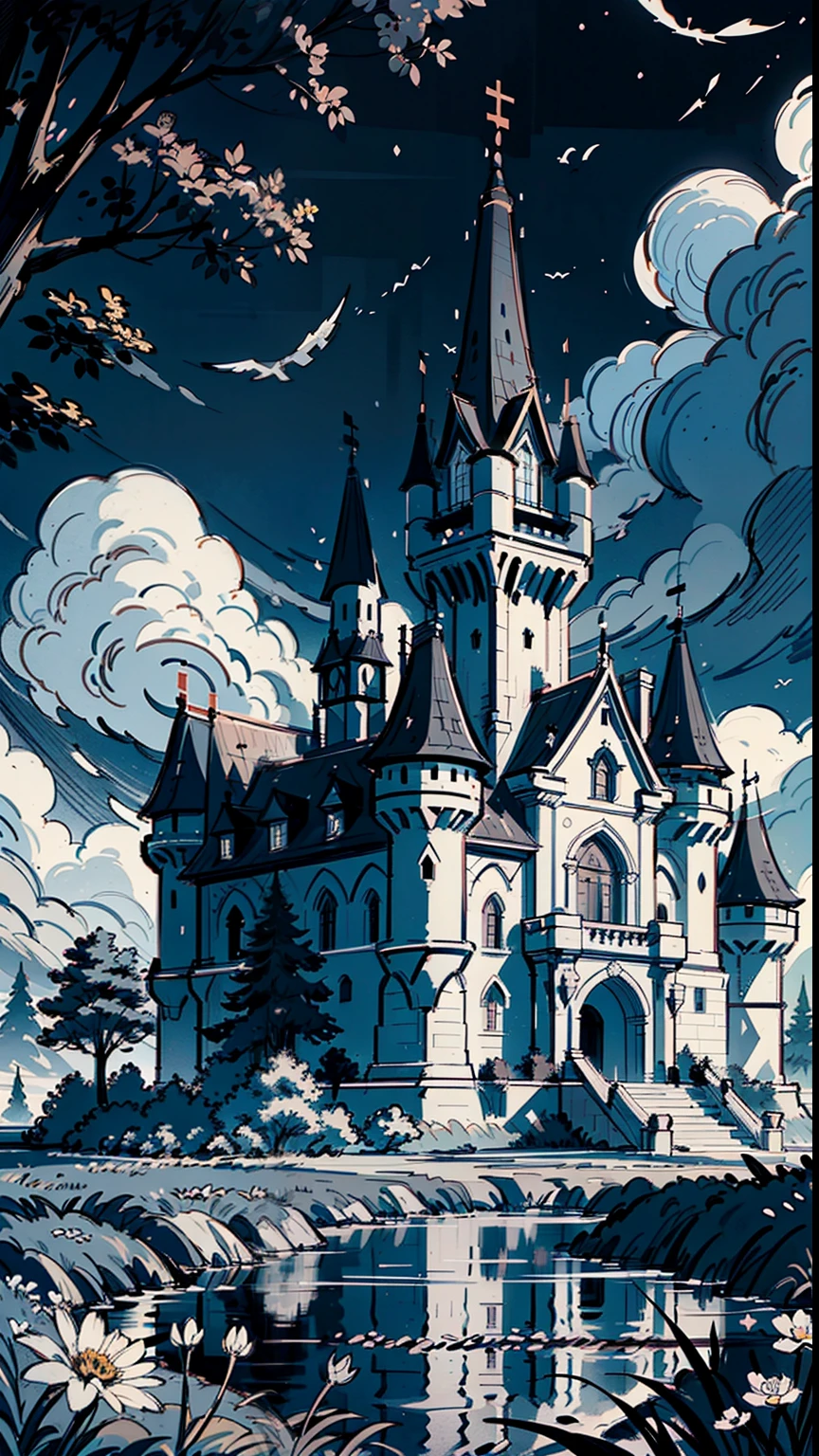 a drawing of a castle in a field, flowers, tree, water, nature, sky, drawing, sketch, concept art, ((hatches)), texture, cozy, style, stylish, asthestic, rough, artistic, cute, sketch artstyle, grayscale, monochrome, clouds, shadow, night, stars