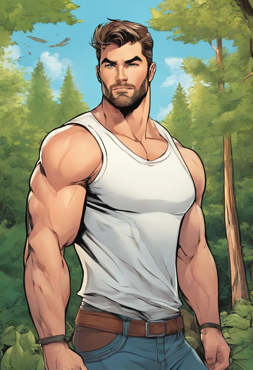 (highres,realistic:1.2),portrait,man,white sleeveless shirt,30 years old,muscular,tall,handsome,big arms,forest background