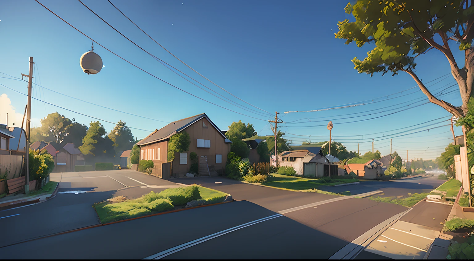 daytime scene of a street, tree in the foregrownd, energy poles, blue sky, calm day, digital illustration, anime background, a town in the morning, in a suburb, village background, street, realism, neighborhood, quiet street