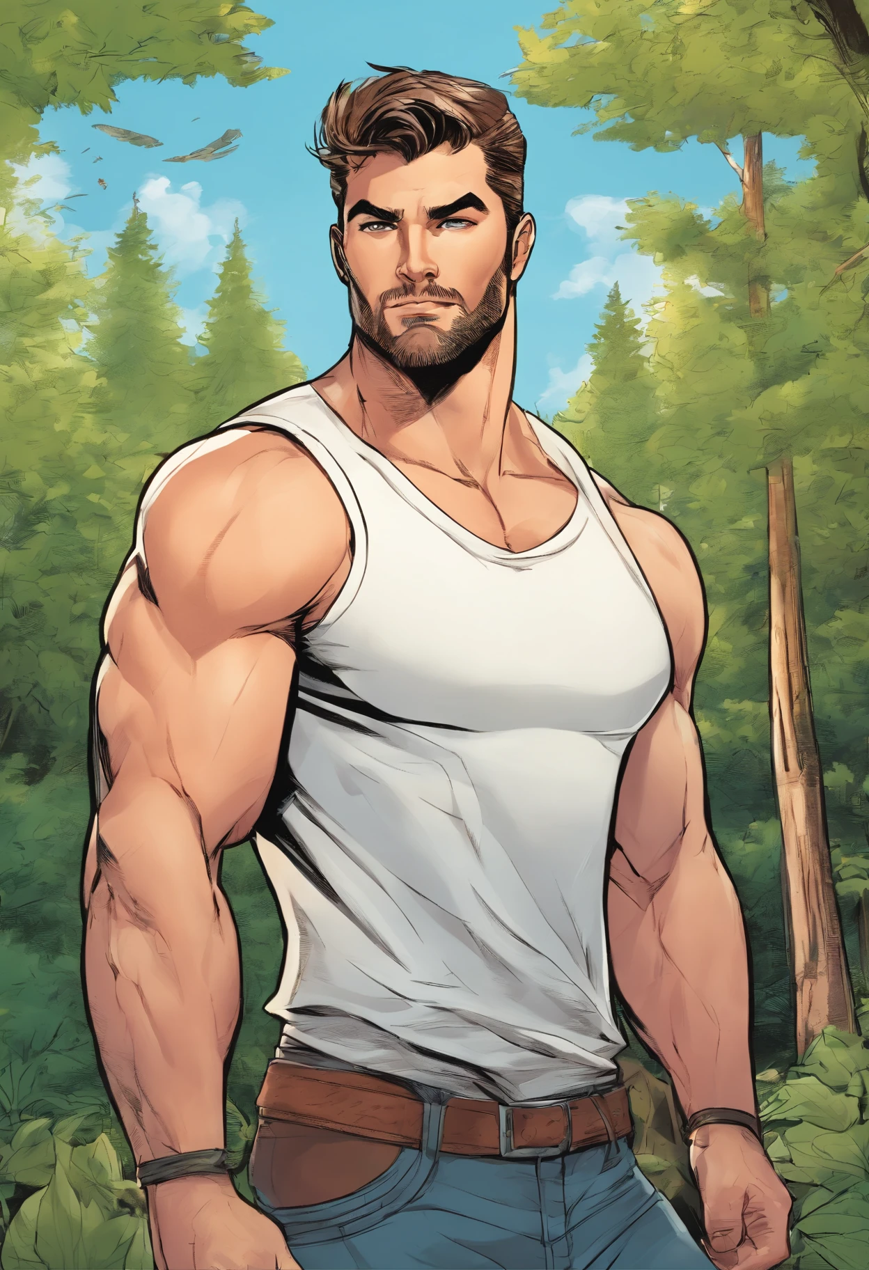 (highres,realistic:1.2),portrait,man,white sleeveless shirt,30 years old,muscular,tall,handsome,big arms,forest background