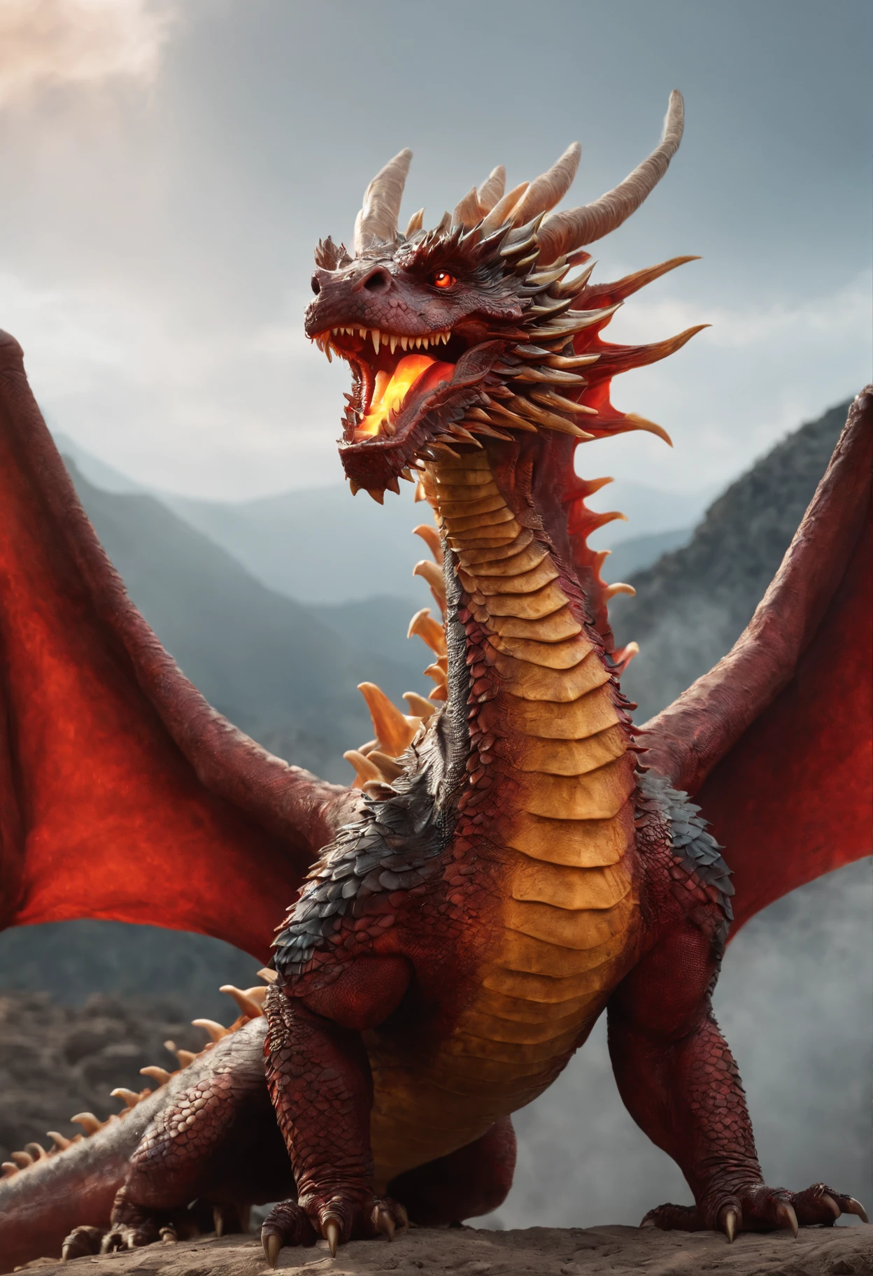 Dragon celestial dorado con ojos penetrantes de color rojo,primer plano soltando fuego de sangre por la nariz,escamas bulumetricas,alta calidad,8k,muchos detalles,paticulas de fuego,alas,4patas,garraz manchadas,oro,peligro,fuego,dientes filosos,dragon gigante,colosal,amenazante,imponente