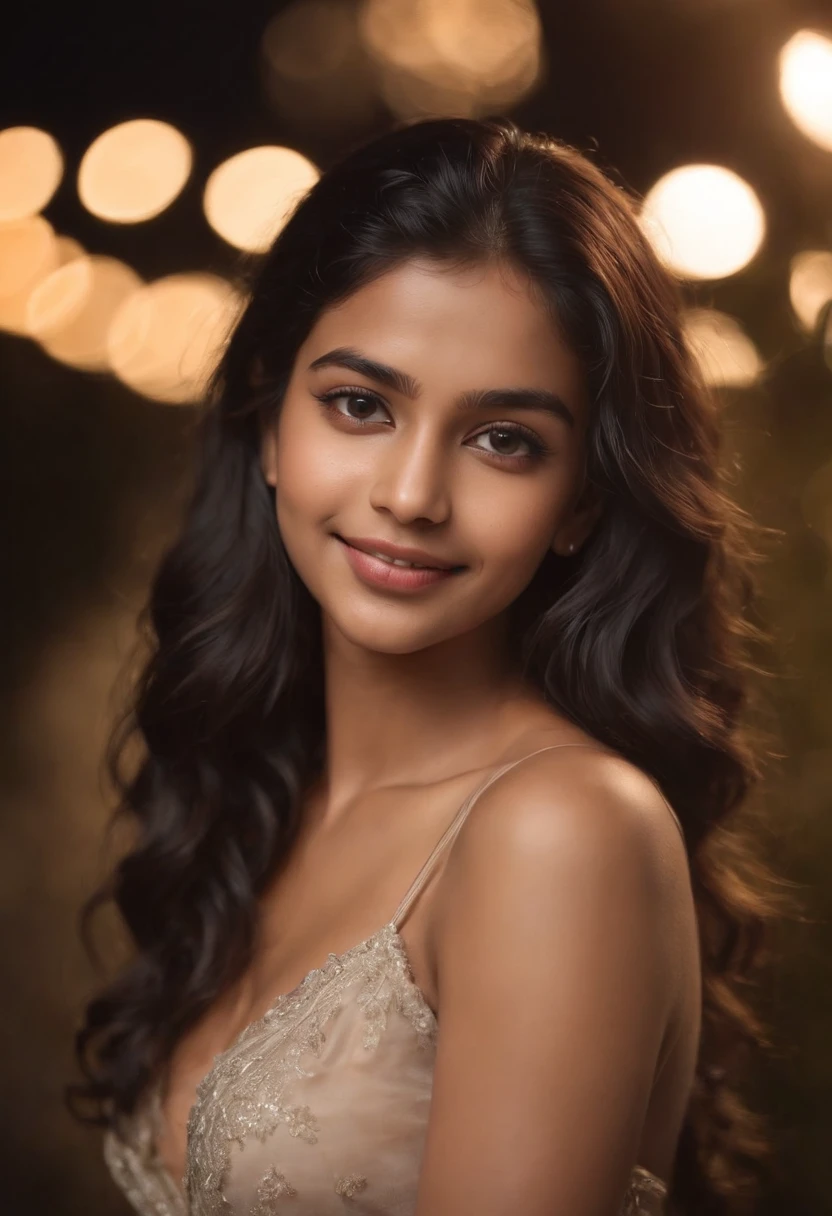 a sri Lankan girl,night scene, close up photo of a sexy naked girl,18 years old, posing, look at a camera and smile, black curly hair, (brown eyes:0.8), cute young face, 18 yo, soft volumetric lights, (backlit:1.3), (cinematic:1.3), intricate details, (ArtStation:1.2)