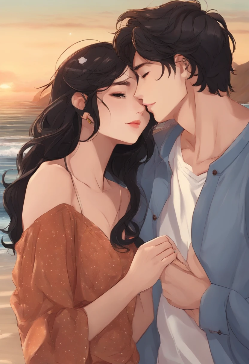 her bf and she are kissing on the beach, she has short black hair a little long wavy, tan skin, beautiful face, 15 years old girl. her bf has handsome face, look hot, white skin anime version, black hair