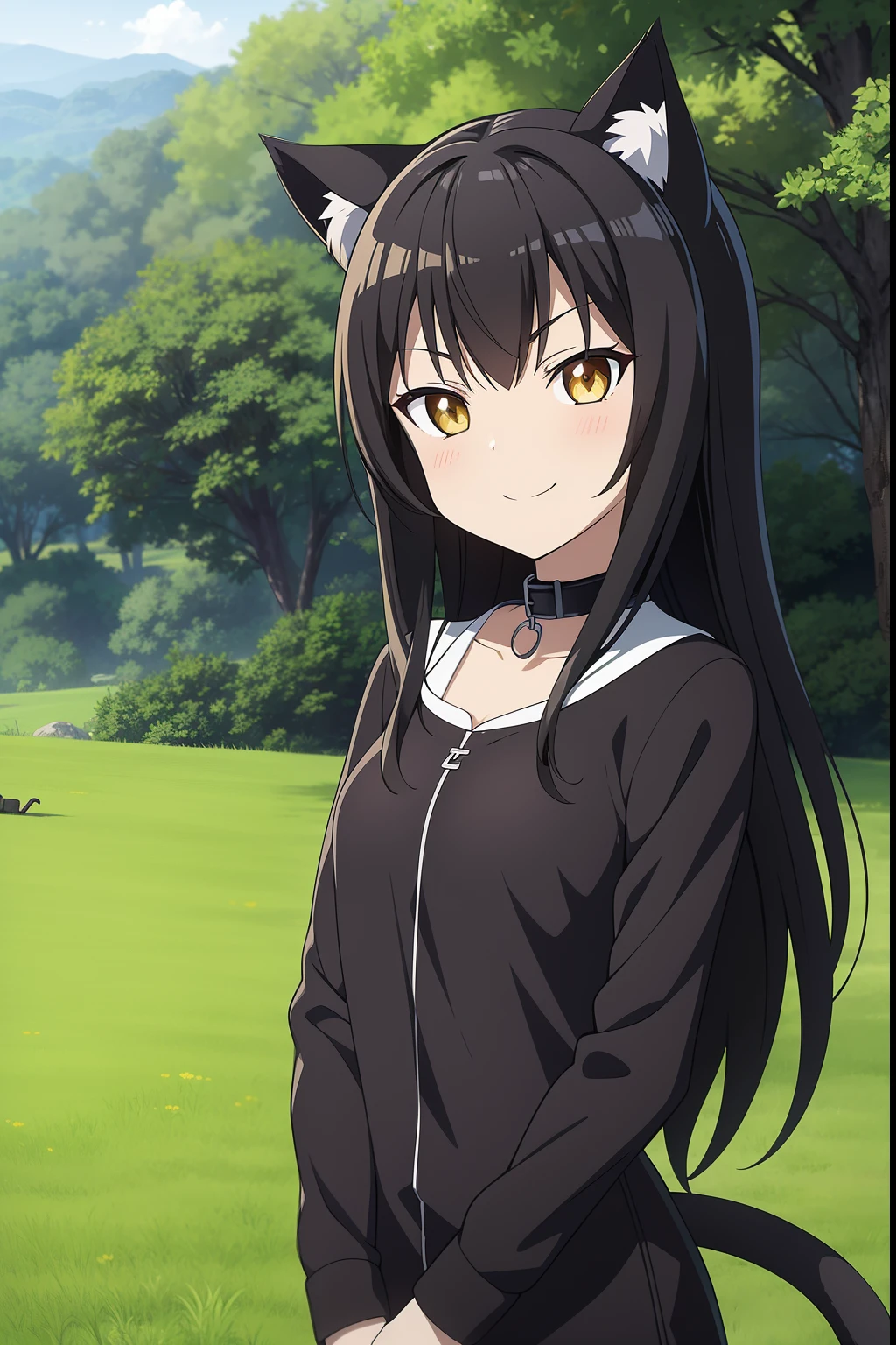 wallpapers, 4k, Anime style, Masterpiece, 1girl,cat ears, cat tail,Side bangs, long hair, black hair,yellow pupils,Yellow eyes, catgirl, neko,B cup, smirking, smiling, Happy, slim, playful, badass, woods, coniferous trees, coniferous forest, The Forest Behind, looking at viewer, collar with heart, leather clothes