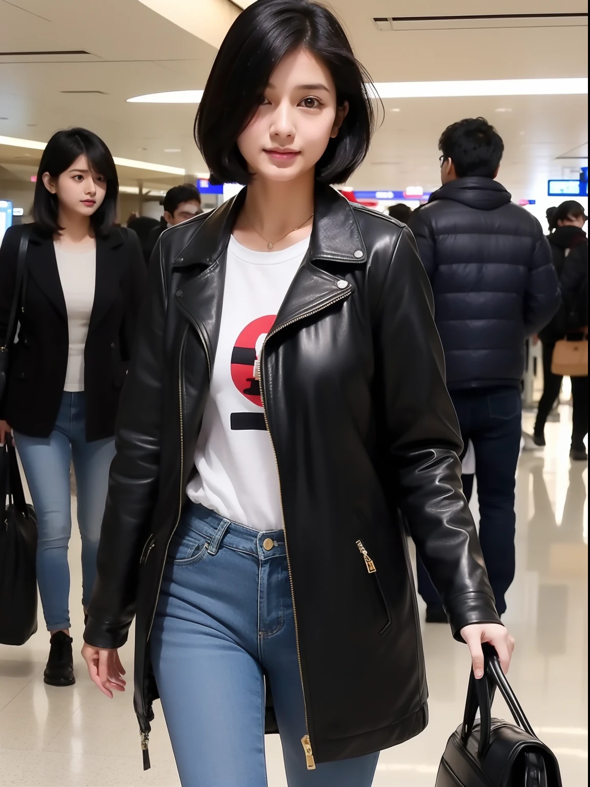 Indian girl walking in the airport of tokyo, (age 24, black short hair), ( perfect medium breast and ass), wearing a black jacket and white jeans