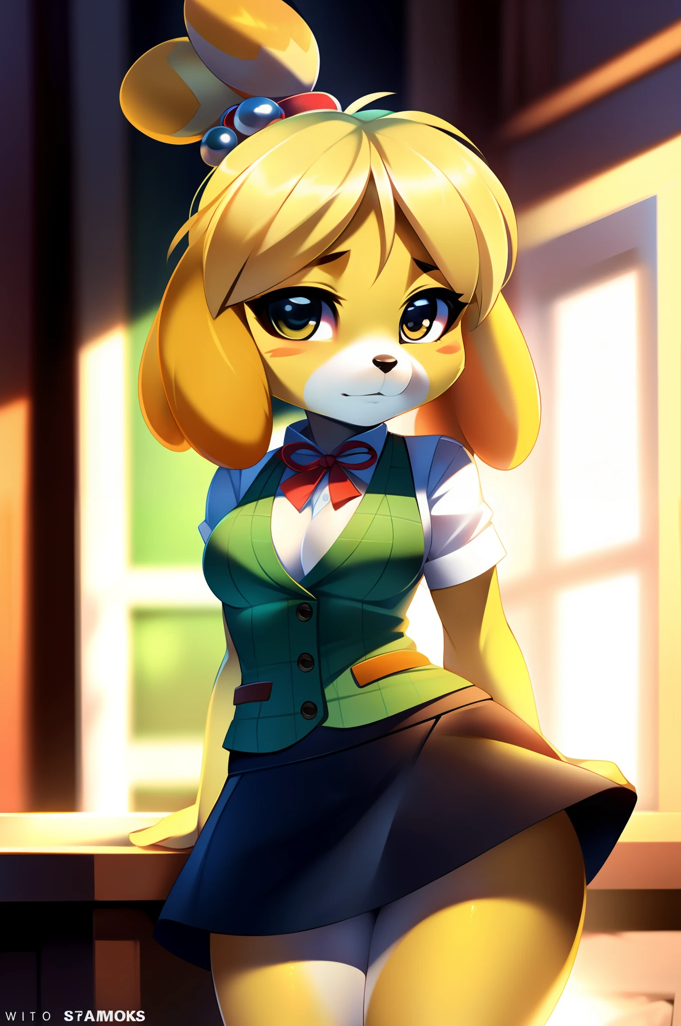 Isabelle from animal crossing, anthro, beautiful girl, full body, attractive body, slim beautiful body, attractive beautiful face,  small chest, ultra hd, hdr,  intricate detail, masterpiece, 8k, nsfw, in the style of tsampikos, high saturation, glowing colors, classic outfit, white shirt, green vest, black skirt, tits out, chibi, short, flat chest