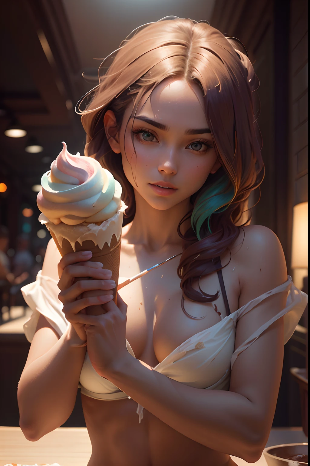 Works of masters,Detailed light and shadow,Cinematic light and shadow,Colorful,Colorful,Various colors,colours,Good body,Good face,good eyes,Good mouth,holding ice cream,Holding something in his hand,icecream,Drizzle with chocolate, Realistic and detailed images