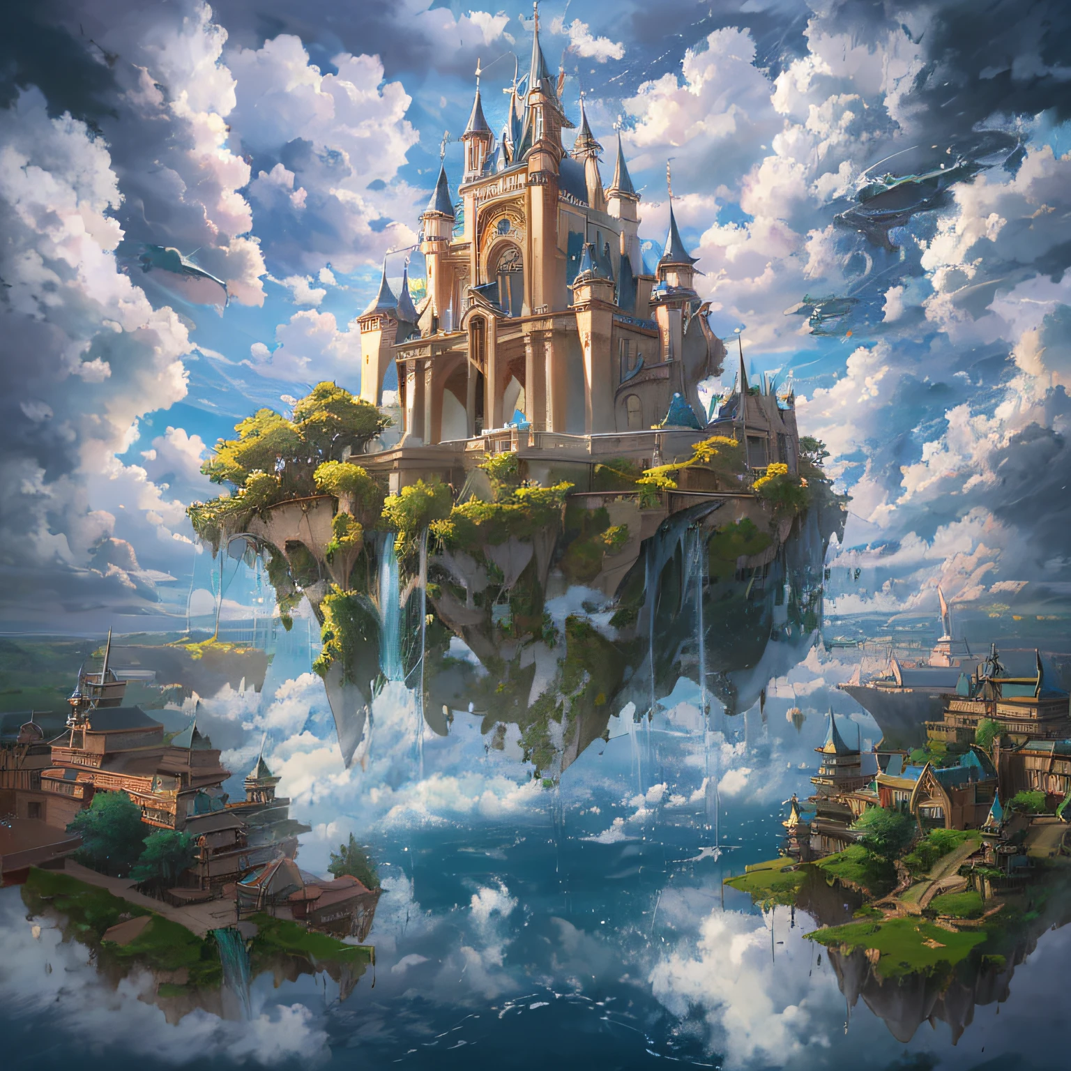 Castle in the sky with a waterfall and a plane flying by - SeaArt AI