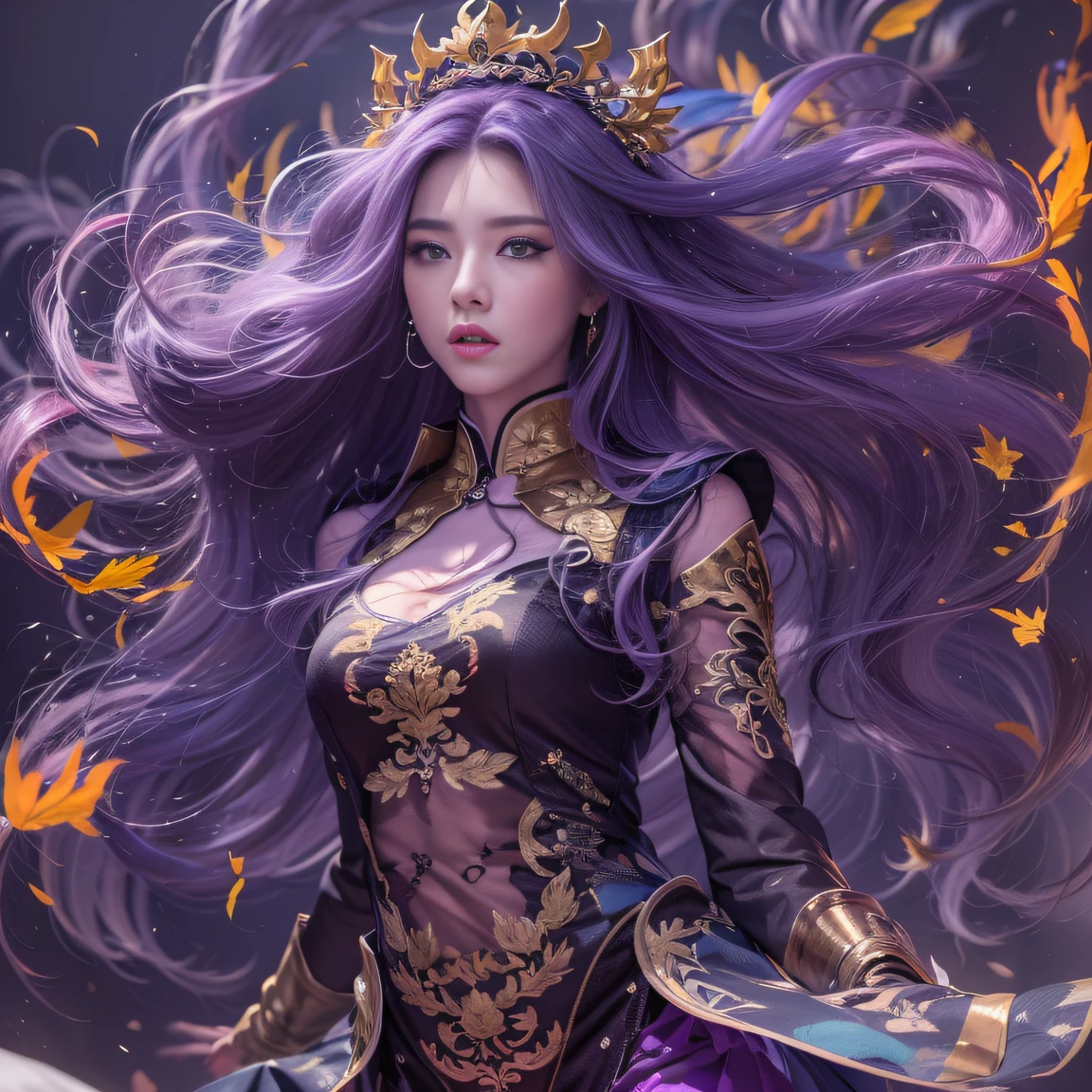 32K（tmasterpiece，k hd，hyper HD，32K）Long flowing bright purple hair，Autumn Pond，zydink， a color， Asian people （Smart girl）， （Silk scarf）， Combat posture， looking at the ground， long whitr hair， Floating bright purple， Fire cloud pattern gold tiara， Chinese long-sleeved gold silk garment， （abstract ink splash：1.2）， white backgrounid，Lotus protector（realisticlying：1.4），Bright purple hair，Smoke on the road，The background is pure， A high resolution， the detail， RAW photogr， Sharp Re， Nikon D850 Film Stock Photo by Jefferies Lee 4 Kodak Portra 400 Camera F1.6 shots, Rich colors, ultra-realistic vivid textures, Dramatic lighting, Unreal Engine Art Station Trend, cinestir 800，Long flowing bright purple hair