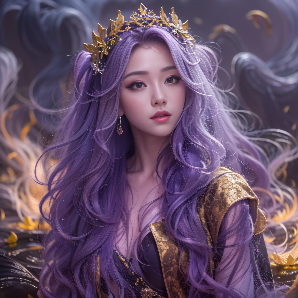 32K（tmasterpiece，k hd，hyper HD，32K）Long flowing bright purple hair，Autumn Pond，zydink， a color， Asian people （Smart girl）， （Silk scarf）， Combat posture， looking at the ground， long whitr hair， Floating bright purple， Fire cloud pattern gold tiara， Chinese long-sleeved gold silk garment， （abstract ink splash：1.2）， white backgrounid，Lotus protector（realisticlying：1.4），Bright purple hair，Smoke on the road，The background is pure， A high resolution， the detail， RAW photogr， Sharp Re， Nikon D850 Film Stock Photo by Jefferies Lee 4 Kodak Portra 400 Camera F1.6 shots, Rich colors, ultra-realistic vivid textures, Dramatic lighting, Unreal Engine Art Station Trend, cinestir 800，Long flowing bright purple hair