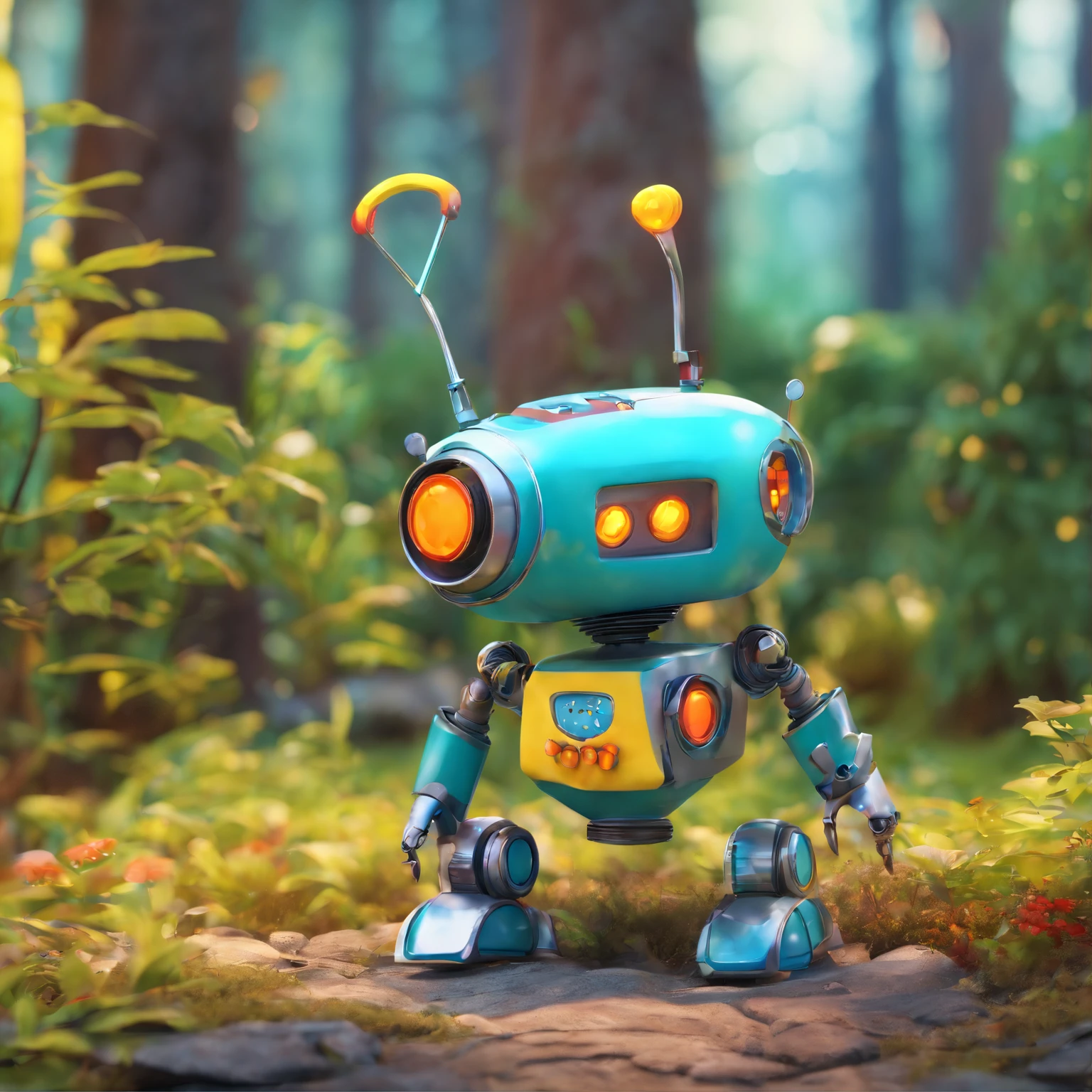 Cute old robot、Charming、in woods、The background is、Colorful to heal、