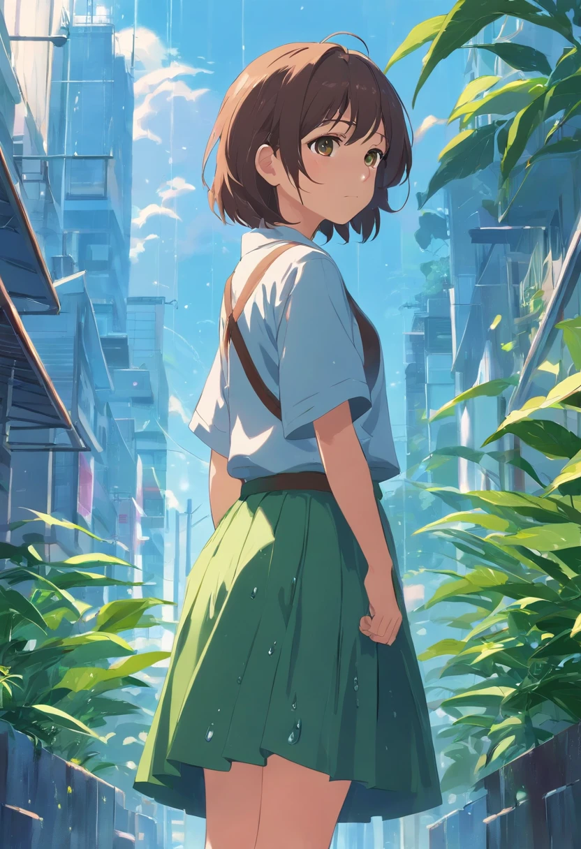 Sky after rain,A plant,Long skirt girl