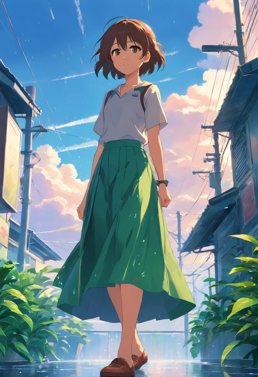 Sky after rain,A plant,Long skirt girl