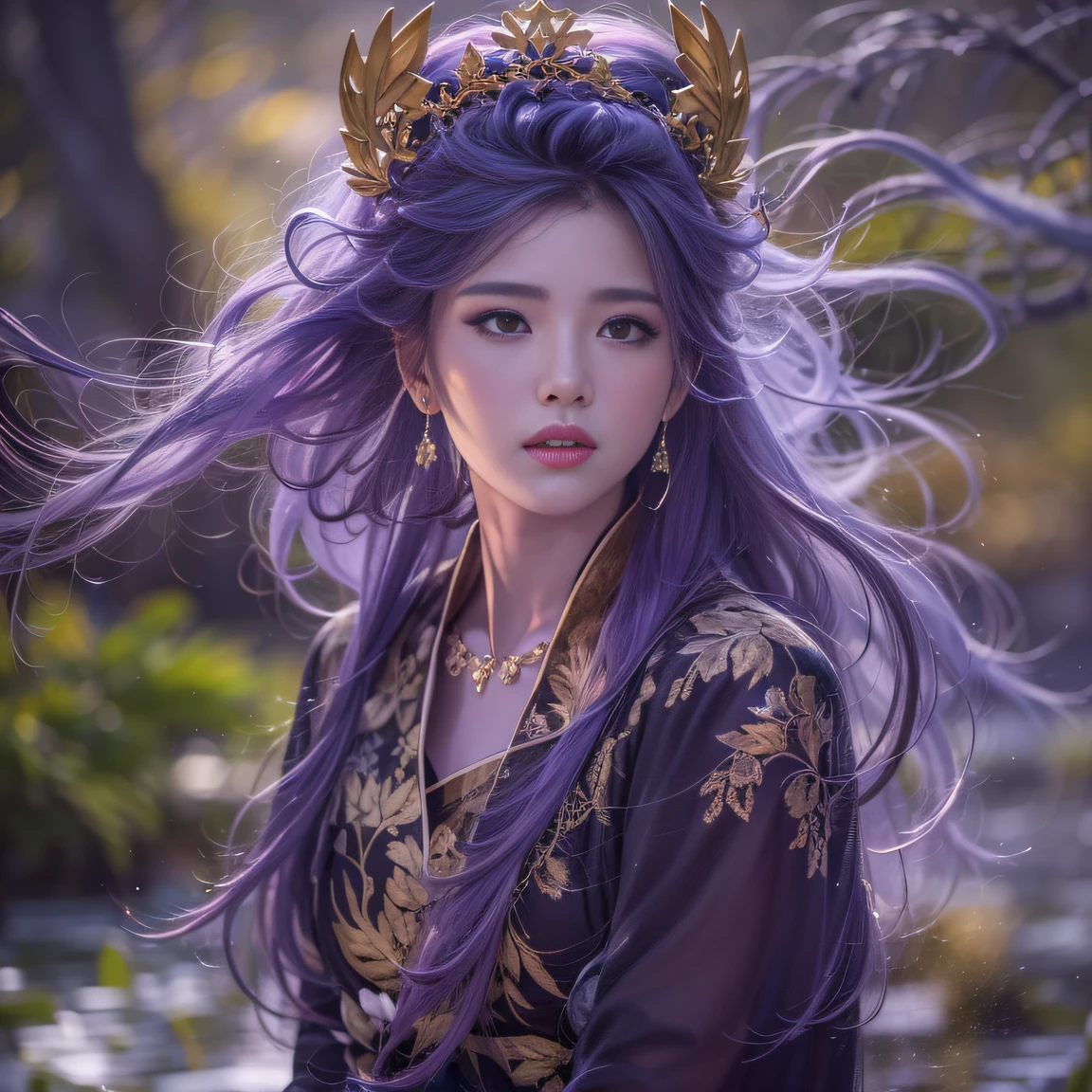 32K(tmasterpiece,k hd,hyper HD,32K)Long flowing bright purple hair,Autumn Pond,zydink, a color, Asian people (Silly girl), (Silk scarf), Combat posture, looking at the ground, long whitr hair, Floating bright purple, Fire cloud pattern gold tiara, Chinese long-sleeved gold silk garment, (abstract ink splash:1.2), white backgrounid,Lotus protector(realisticlying:1.4),Bright purple hair,Smoke on the road,The background is pure, A high resolution, the detail, RAW photogr, Sharp Re, Nikon D850 Film Stock Photo by Jefferies Lee 4 Kodak Portra 400 Camera F1.6 shots, Rich colors, ultra-realistic vivid textures, Dramatic lighting, Unreal Engine Art Station Trend, cinestir 800,Long flowing bright purple hair