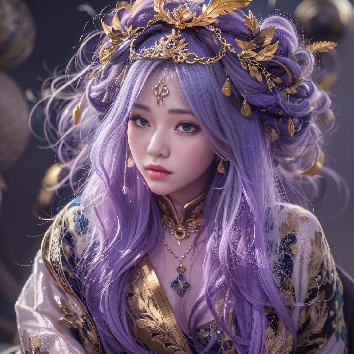 32K(tmasterpiece,k hd,hyper HD,32K)Long flowing bright purple hair,Autumn Pond,zydink, a color, Asian people (Silly girl), (Silk scarf), Combat posture, looking at the ground, long whitr hair, Floating bright purple, Fire cloud pattern gold tiara, Chinese long-sleeved gold silk garment, (abstract ink splash:1.2), white backgrounid,Lotus protector(realisticlying:1.4),Bright purple hair,Smoke on the road,The background is pure, A high resolution, the detail, RAW photogr, Sharp Re, Nikon D850 Film Stock Photo by Jefferies Lee 4 Kodak Portra 400 Camera F1.6 shots, Rich colors, ultra-realistic vivid textures, Dramatic lighting, Unreal Engine Art Station Trend, cinestir 800,Long flowing bright purple hair