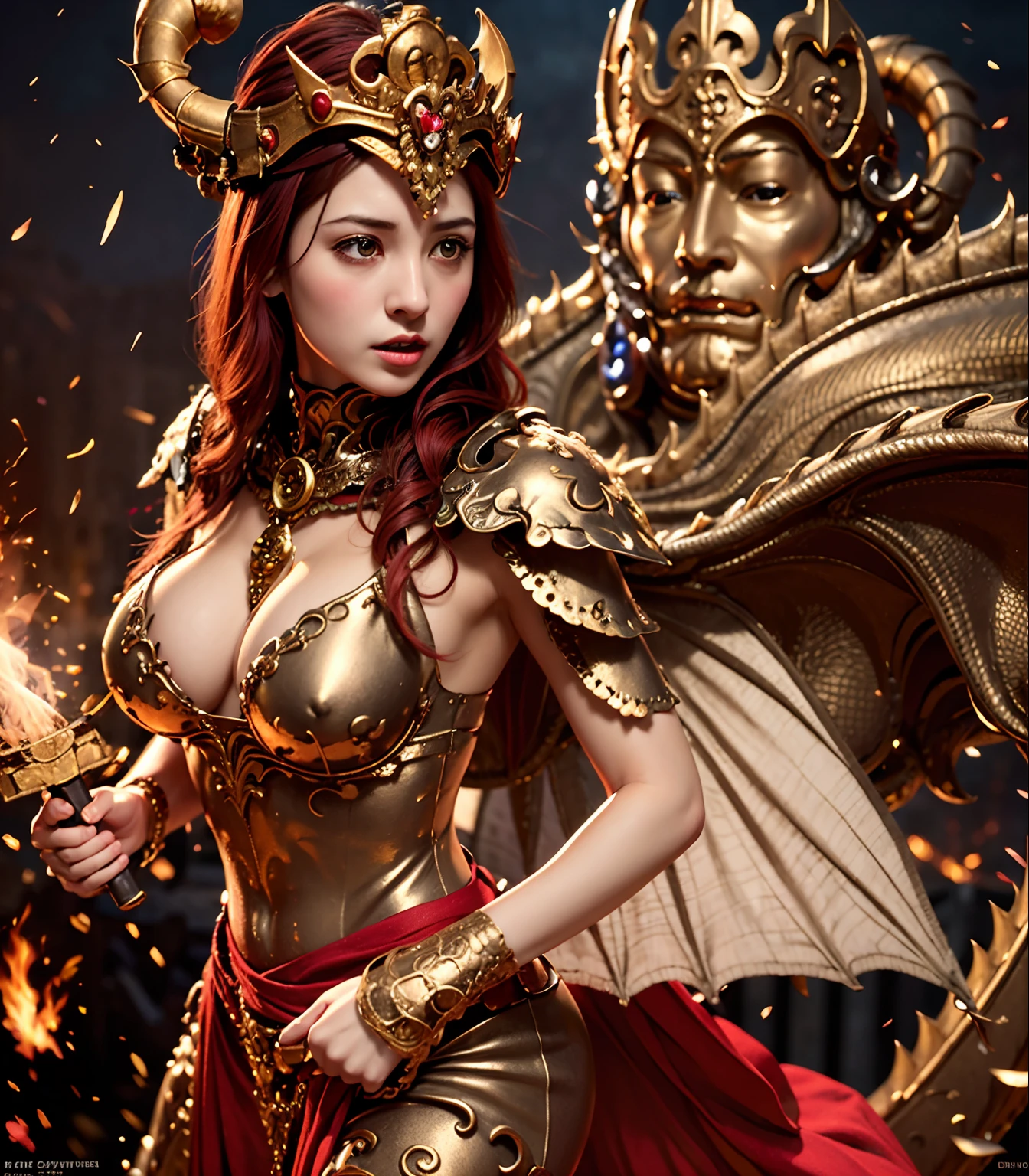 Professional , ​masterpiece、top-quality、photos realistic , depth of fields 、（Fight the Dragon Knight with the Dragon Mask）,（Dragon Black Metal Body:1.4),(Matte Black、（cleavage of the breast）、（Fight dragons）、（Seductive look）、Dragon Gold Weapon、Mystical expression、（bikini-armor),Gorgeous gold weapons ,（（ Dragon's dense and gorgeous sword）） , Beautiful knife   ,warhammer 40k , adepta sororitas,Detail and gorgeous crown、（（Red hair））、（Castle background）、The dragon、（（Gangle's forest background））、Beautiful Caucasian beauty、（１a person）、dynamic ungle,(((Detailed and ornate dragon helmet)))、Smaller head、Castle background、Thin and beautiful female hands、cleavage of the breast、Soldier in iron armor on background、Mystical expression、Light Effects、intense fighting、Wind-effect、magic circles、With the legendary magic wand、（demonic wings）、Toostock、