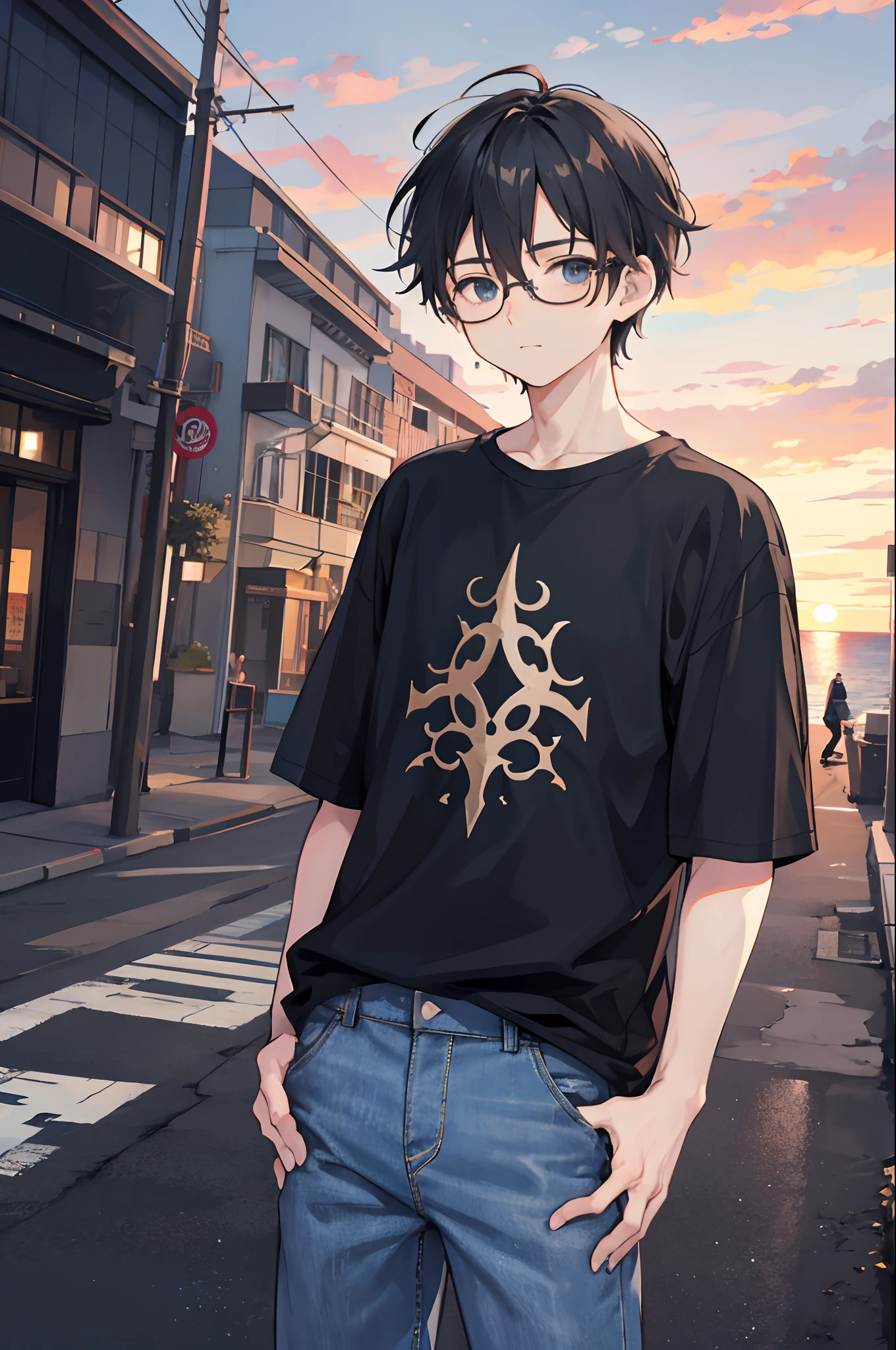 1boy,cetus,coda,ocean,black shirt,jeans,glasses,street,sunset,hands in pockets