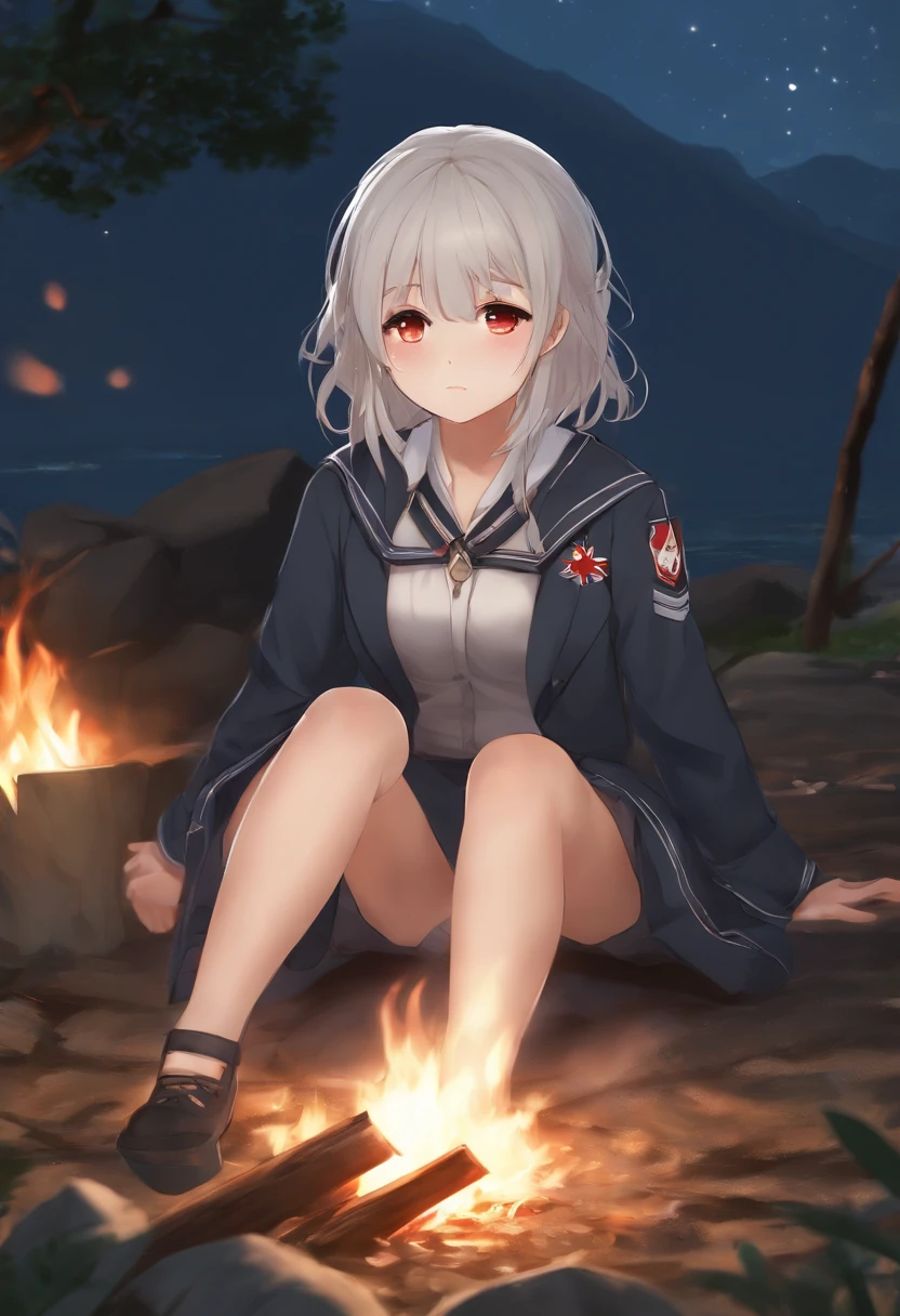 anime girl next to a campfire, a hyperrealistic schoolgirl, realistic schoolgirl, anime girl has white hair and red eyes, beautiful anime girl, [ 4 k digital art ], kantai collection style, female protagonist 👀 :8, school girl, guweiz, kawacy, smooth anime cg art, night sky, sitting on the ground, the girl is somewhere far
