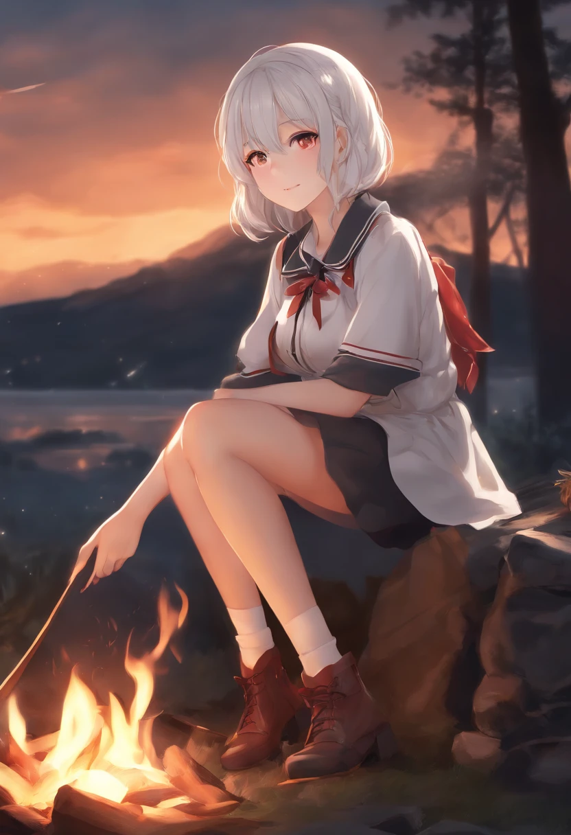 anime girl next to a campfire, a hyperrealistic schoolgirl, realistic schoolgirl, anime girl has white hair and red eyes, beautiful anime girl, [ 4 k digital art ], kantai collection style, female protagonist 👀 :8, school girl, guweiz, kawacy, smooth anime cg art, night sky, sitting on the ground, the girl is somewhere far