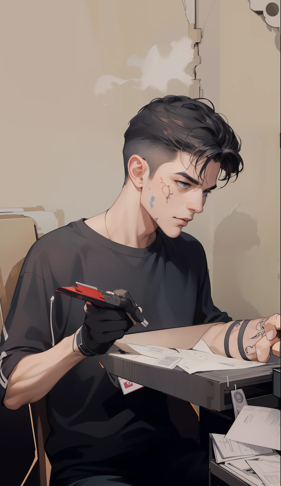(absurdres, highres, ultra detailed), 1 male, mature, manly, tall muscular, handsome, finely detailed eyes, intricate details, portrait, looking at viewer, solo, half shot, detailed background, detailed face, (1980s synthwave theme:1.1)  high-tech futuristic hacker, smirk, advanced technology, hoodie, techwear, wearable device, keycard, cables,   (holographic display:1.05),   computer, password, control panel in background, blue lights,  dark sinister atmosphere, shadows, arafed man sitting at a table with a tattoo on his arm, tattoo artist, inking, traditional ink, inking on skin, very detailed feel, semi realism, whole tattoo, tattoo, thick line ink, intense line work, strong line work, detailed line work, hyper-realistic tattoo, detailed and sharp, super intricate realism, ultra - realistic and intricate