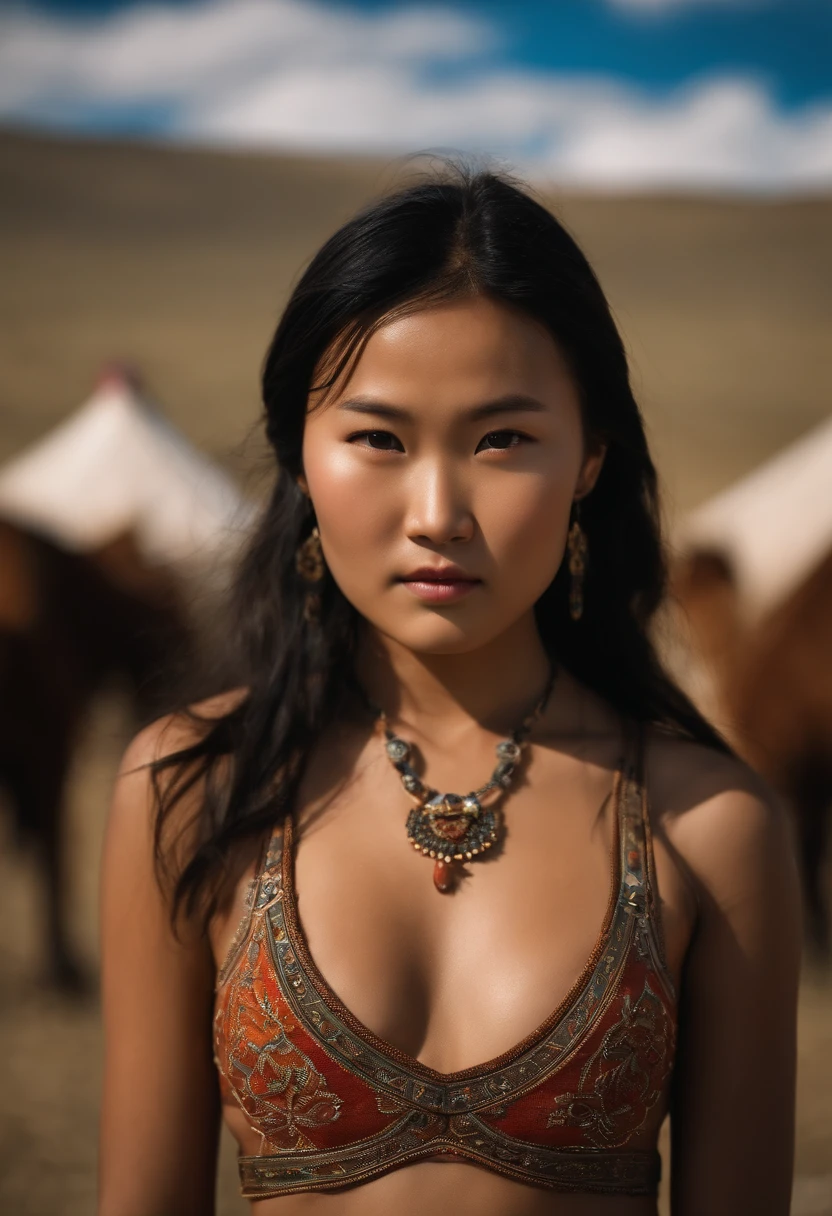 masterpiece, best quality, blackhair, brown eyes,mongolian girl ,in mongolia, standing next to ger, in bikini, bug breasts , masterpiece, best quality,