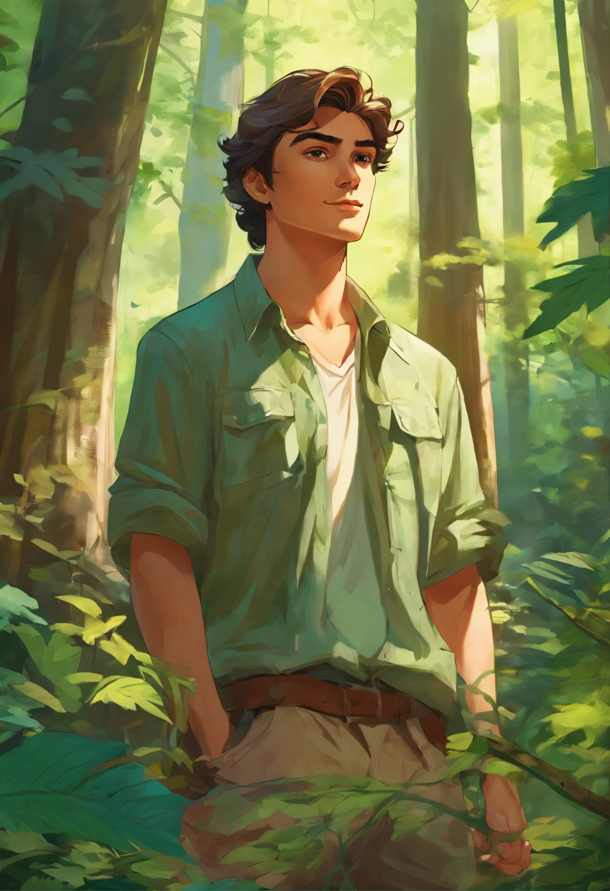 (best quality,4k,8k,highres,masterpiece:1.2),ultra-detailed,(realistic,photorealistic,photo-realistic:1.37),one man, young, 19 years old, handsome, long-sleeved shirt, detailed eyes and face, perfect posture, stands in a clearing in the middle of a dense forest, vibrant colors, medium: oil painting, with sharp focus and extreme detail description, natural light filters through the leaves, creating dappled sunlight, highlighting his features, the forest is filled with tall, majestic trees, lush green foliage, and rays of sunlight breaking through the canopy, the man's shirt is slightly rumpled, and the fabric has a textured appearance, there is a sense of tranquility and serenity in the atmosphere, capturing the peacefulness of the forest, the scene is filled with a surreal and dreamlike quality, with a touch of mystery and intrigue.