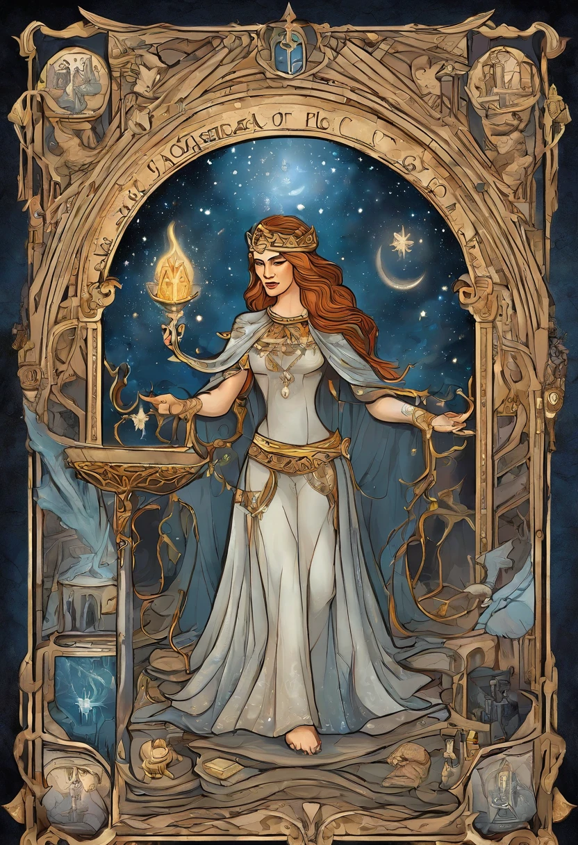 Desenhe uma pintura que interprete a Alta Sacerdotisa do Tarot, incorporating theme of 'Star vs. the Forces of Evil'. Na imagem, the character Star Butterfly is portrayed as the High Priestess, sitting on a magical and imposing throne in her castle in the Magical Dimension. She is dressed in elegant and mysterious costumes, reflecting your growing wisdom and power in the magical world.
The setting is richly detailed, with ornate pillars and an environment that evokes a magical sanctuary. No lugar dos dois pilares da Alta Sacerdotisa, are Star's magic wands, uma representando sua varinha original e a outra sua varinha Rainha Solaria. They are crossed and exude an aura of intense magic.
Ao lado de Star, are your friends, Marco, Janna, Tom and other notable characters from the series, all of them in reverent positions, representing respect and loyalty to your leadership. Instead of the veil of the High Priestess, there is a semi-open dimensional portal, showing a glimpse of different dimensions and magical realms.
Star's eyes are blindfolded, symbolizing your intuition and deep connection to the magical realm, while she holds an ancient book with mysterious inscriptions on one hand and a monarch butterfly, symbol of transformation and renewal, na outra.
A luz da lua brilha suavemente no fundo, illuminating a scroll with magical and mysterious symbols. Na base do trono, There are tarot cards scattered around, cada uma delas representando momentos cruciais da jornada de Star e os desafios que ela superou.