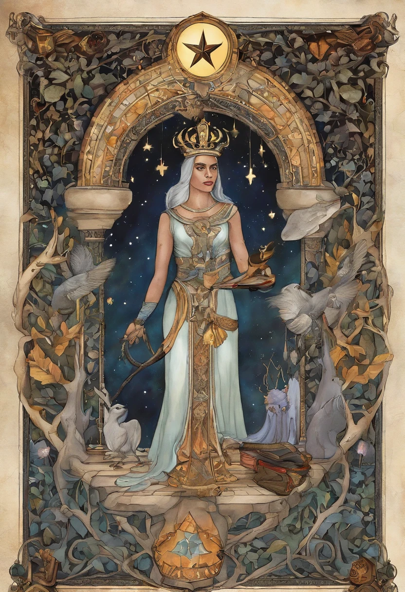 Desenhe uma pintura que interprete a Alta Sacerdotisa do Tarot, incorporating theme of 'Star vs. the Forces of Evil'. Na imagem, the character Star Butterfly is portrayed as the High Priestess, sitting on a magical and imposing throne in her castle in the Magical Dimension. She is dressed in elegant and mysterious costumes, reflecting your growing wisdom and power in the magical world.
The setting is richly detailed, with ornate pillars and an environment that evokes a magical sanctuary. No lugar dos dois pilares da Alta Sacerdotisa, are Star's magic wands, uma representando sua varinha original e a outra sua varinha Rainha Solaria. They are crossed and exude an aura of intense magic.
Ao lado de Star, are your friends, Marco, Janna, Tom and other notable characters from the series, all of them in reverent positions, representing respect and loyalty to your leadership. Instead of the veil of the High Priestess, there is a semi-open dimensional portal, showing a glimpse of different dimensions and magical realms.
Star's eyes are blindfolded, symbolizing your intuition and deep connection to the magical realm, while she holds an ancient book with mysterious inscriptions on one hand and a monarch butterfly, symbol of transformation and renewal, na outra.
A luz da lua brilha suavemente no fundo, illuminating a scroll with magical and mysterious symbols. Na base do trono, There are tarot cards scattered around, cada uma delas representando momentos cruciais da jornada de Star e os desafios que ela superou.
