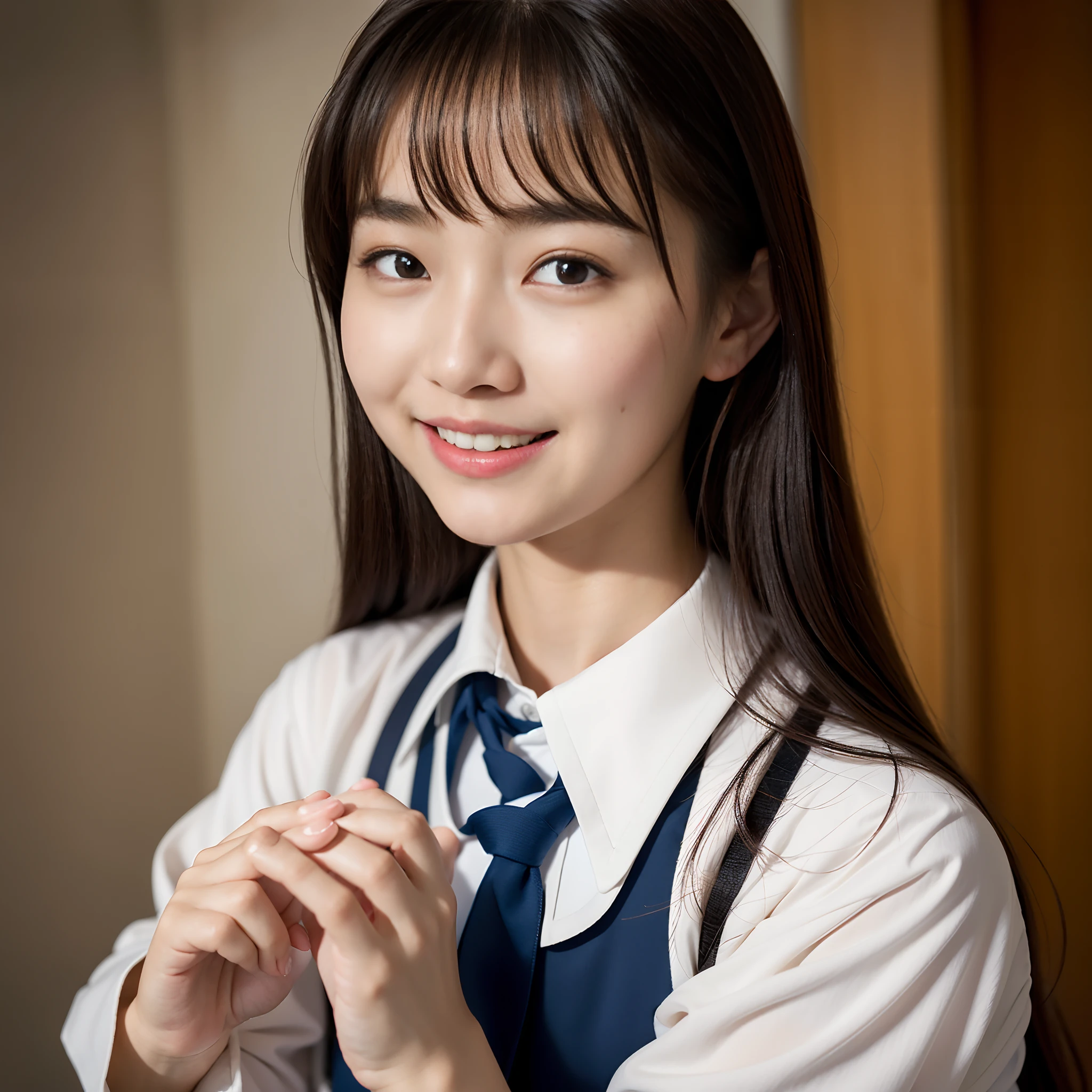 ulzzang -6500-v1.1, (Raw foto:1.2), (Photorealsitic:1.4), a beautiful detailed girl, extremely detailed eye and face, beatiful detailed eyes, huge filesize, (Small), hight resolution, ighly detailed, top-quality, [​masterpiece:1.6], [JK school uniform], illustratio, ighly detailed, nffsw, finely detail, top-quality, Highly detailed ticker uniform 8k wallpaper, Cinematographic lighting, 1girl in、17 age、Cute Japan high school girl、perfect body type、[Unbuttoning a white school blouse]、Small, taut breasts、Cute droopy eyes、Beautiful big eyes、White School Blouse、see-through brassiere、Sweating and getting wet、[sexual excitement:1.1]、[lyin in bed:1.5]、Raise both hands、School uniform ribbon around neck、A slight smil、(the whole body is wet)、Shining eyes