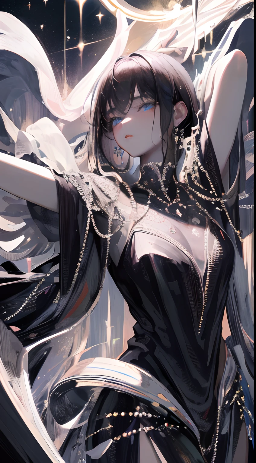 ((Masterpiece, Superb, Super Detailed, High Resolution)), solo, beautiful girl, sparkling eyes, perfect eyes, 15 years old, black and white gold theme,