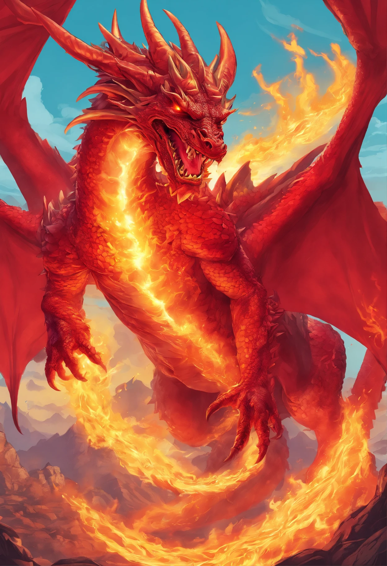 (Dragon celestial dorado) con (ojos penetrantes de color rojo),primer plano soltando (fuego de sangre) por la nariz,escamas bulumetricas,alta calidad,8k,muchos detalles,paticulas de fuego,alas,4patas,garraz manchadas,oro,peligro,fuego,dientes filosos,dragon gigante,colosal,amenazante,imponente,escamas azules