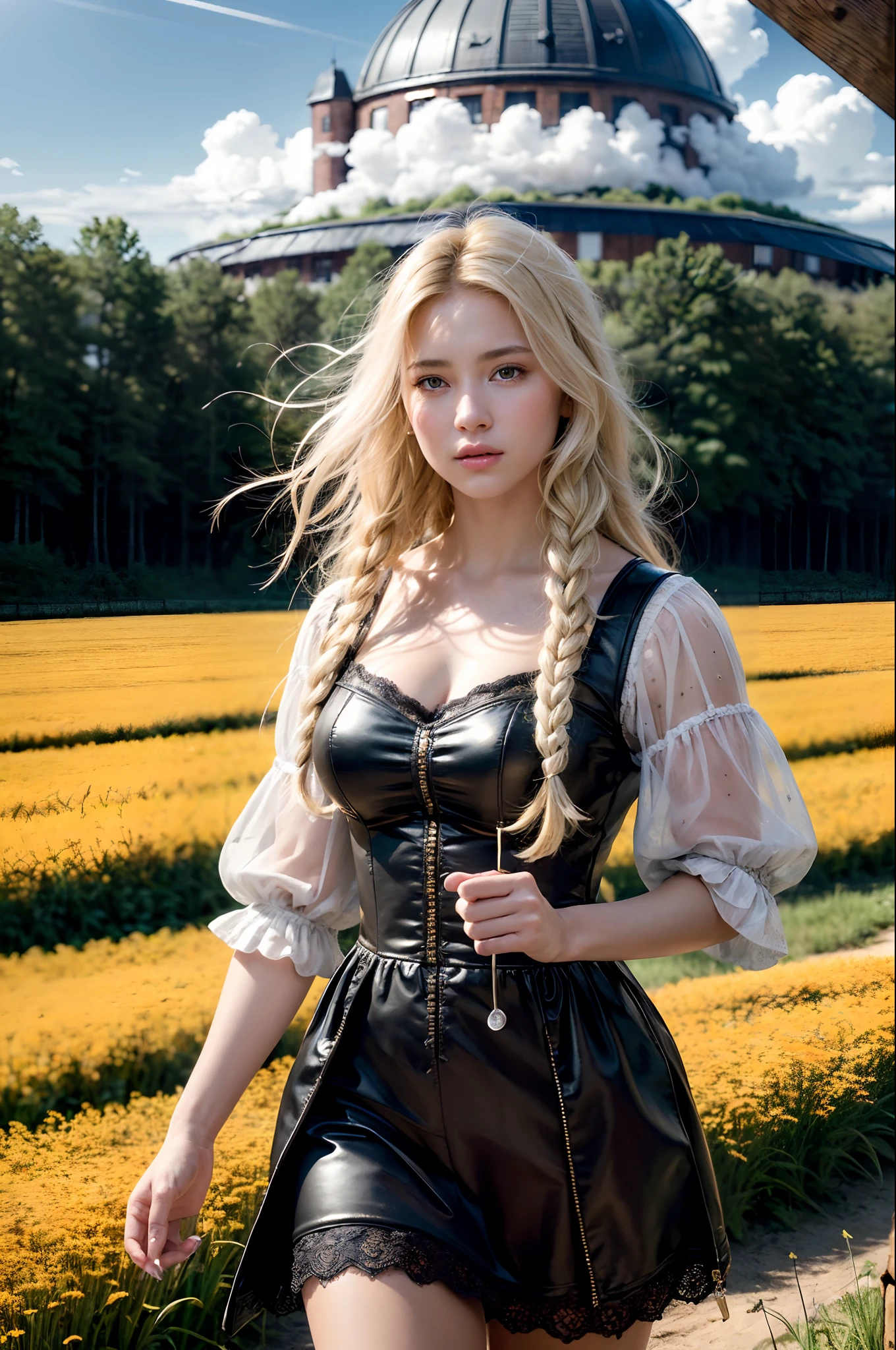 (realistic:1.3), finely detailed, quality, rembrandt lighting, (masterpiece:1.2), (photorealistic:1.2), (best quality), (detailed skin:1.3), (intricate details), dramatic, ray tracing, 1girl, american white girl, blonde hair, 21 years old, medium breasts, (Meadow, Sun, Clouds, Field, Farming, Starlight, Walking trail)