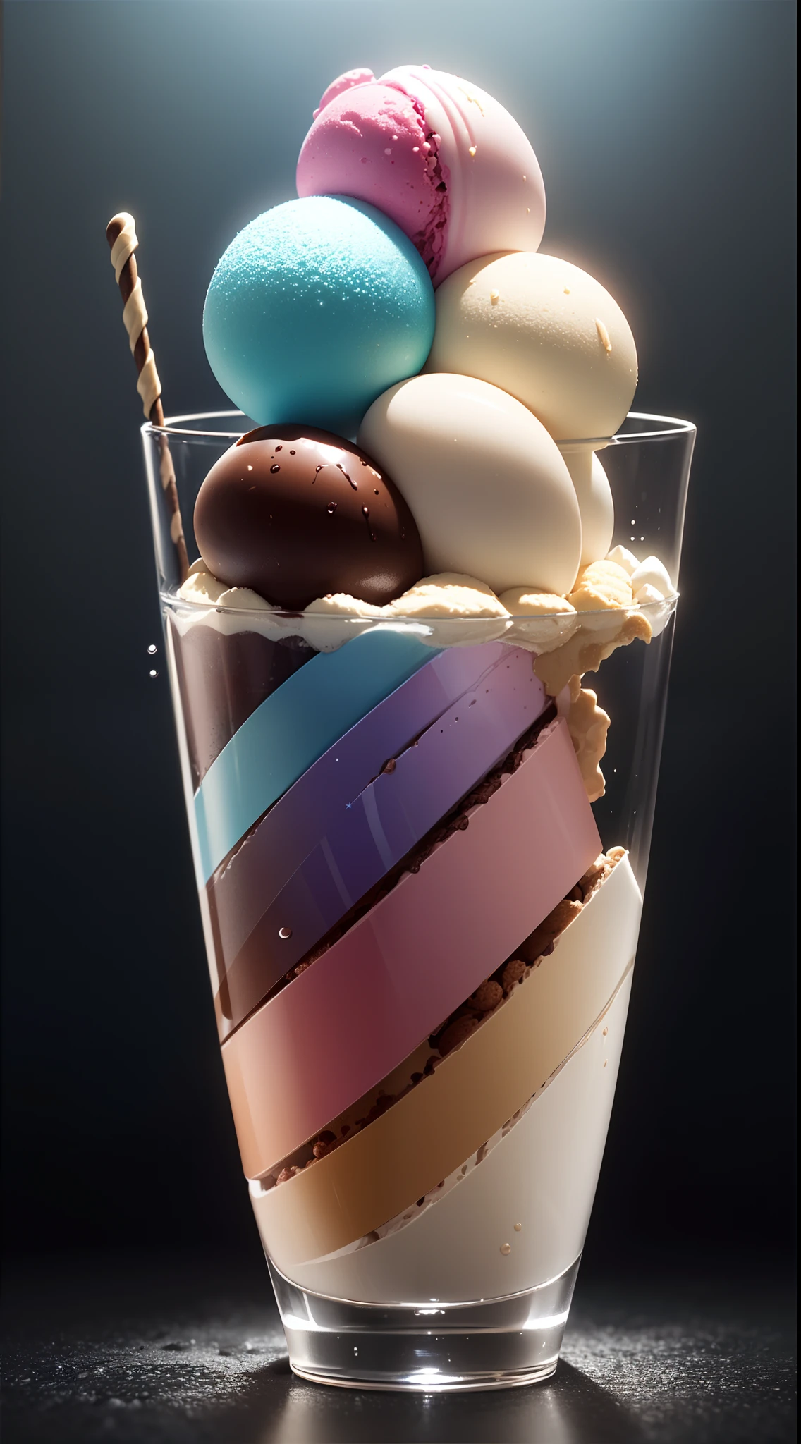 8k image, hyper realistic, delicious and icy glass with splash syrup, chocolate pieces and açaí --auto --s2