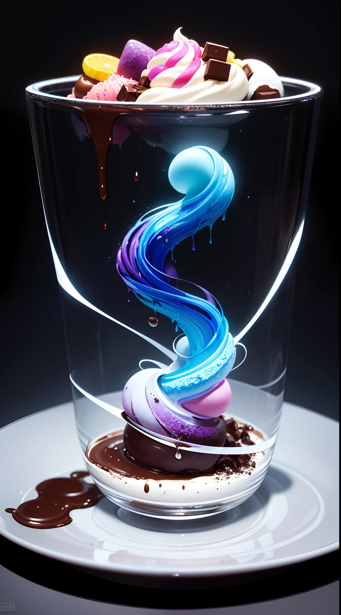 (Iridescent and multicolored ice cream,Psychedelic,Fruit slicing,retrofuturism aestethic,beautiful Intricate ice cream castle,Strawberry ice cream, chocolate ice cream, sundae, Hadidas ice cream,Chocolate stars,hot cocoa sauce,Ice mist, water droplets, condensed water,Cream ice cream floor:1.25),insanely detailed, 3D rendering, studio lighting, perfect shading, perfect nuances, Unreal Engine 5, trending on ArtStation,Surrealism,Blacklight paint,Photogram,Luminogram,Chiaroscu