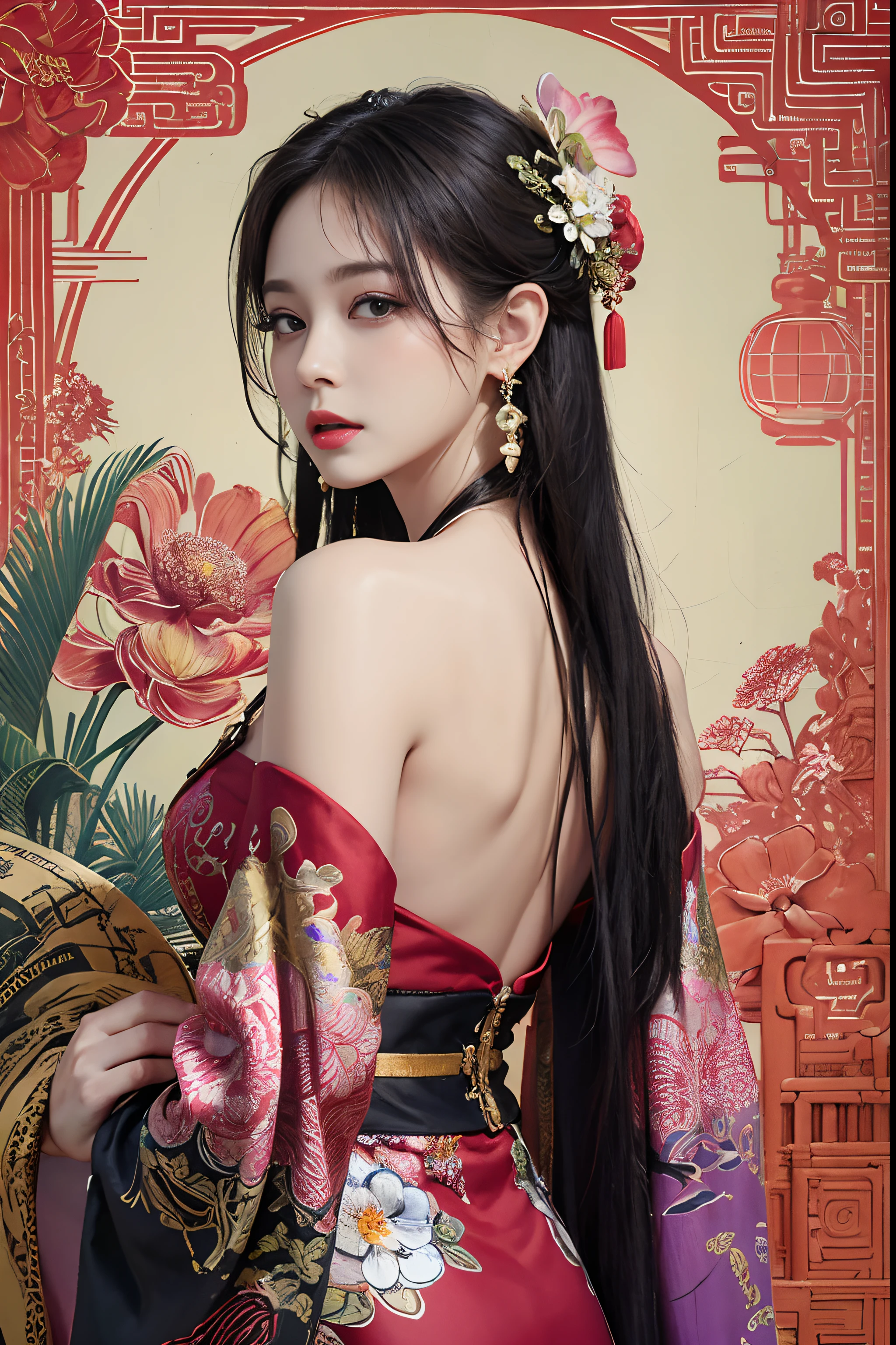 (masterpiece, top quality, best quality, official art, beautiful and aesthetic:1.2), (1girl:1.3), extremely detailed,(fractal art:1.1),(colorful:1.1)(flowers:1.3),highest detailed,(zentangle:1.2), (dynamic pose), (abstract background:1.3), (chinese Traditional cloth:1.2), (shiny skin), (many colors:1.4), ,(earrings:1.4),