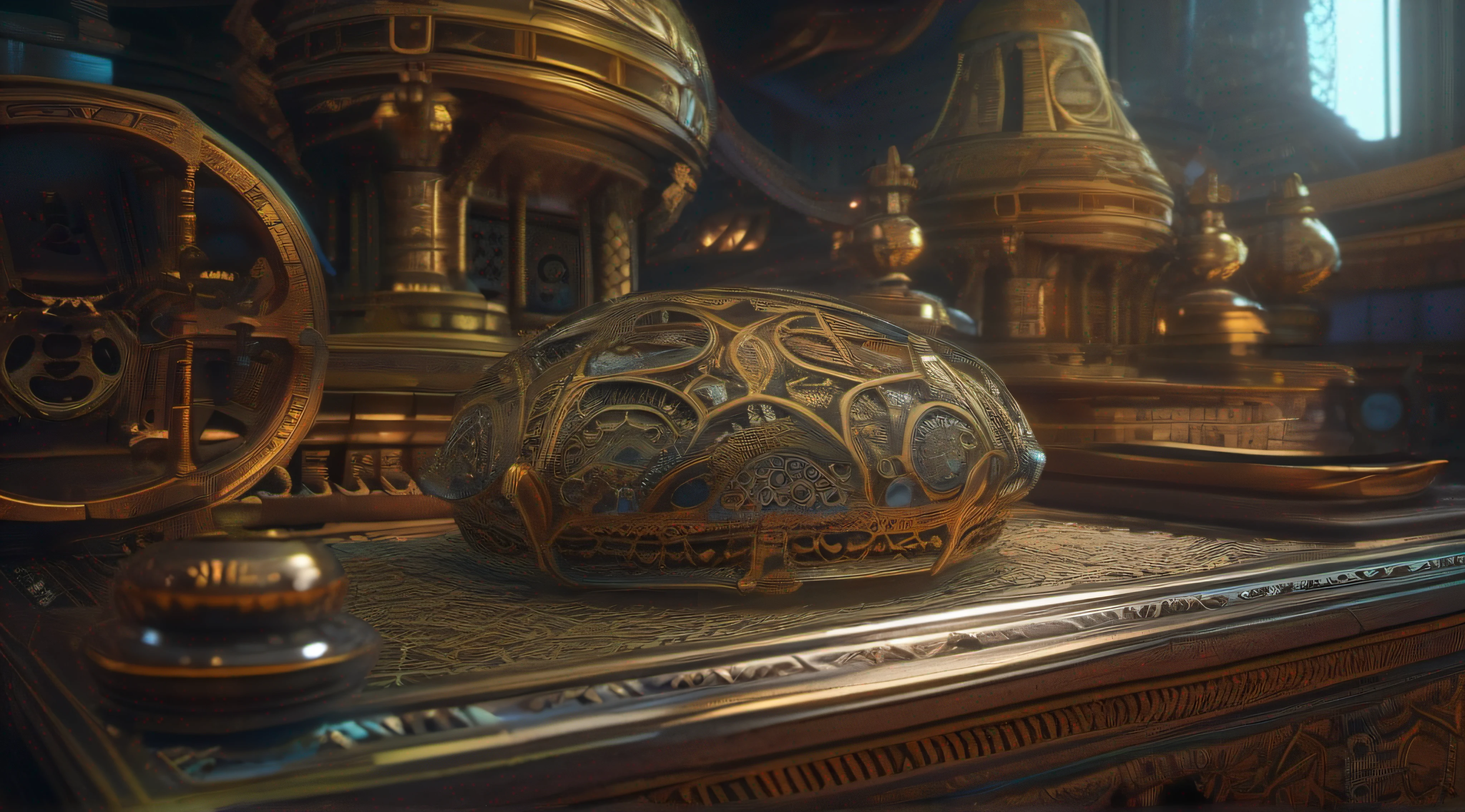 dreamscape where a small ancient artifact becomes a centerpiece of intricate machinery, mix of textures and colors to convey the mystique and enigmatic nature of the artifact, intricate detail, ultra detailled, high definition, 16k, octane render